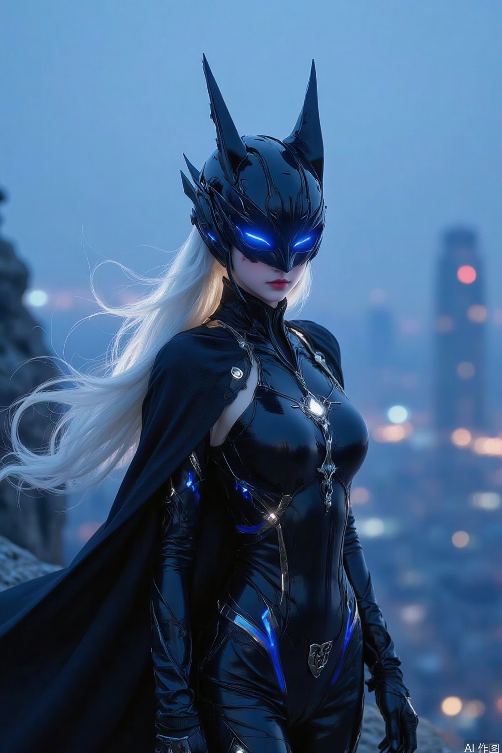 1girl,armor,helmet,Blue light, cyberpunk,long hair,white hair,animal ear headwear,eyes,face,wind,navel,cape,from_side,cliff