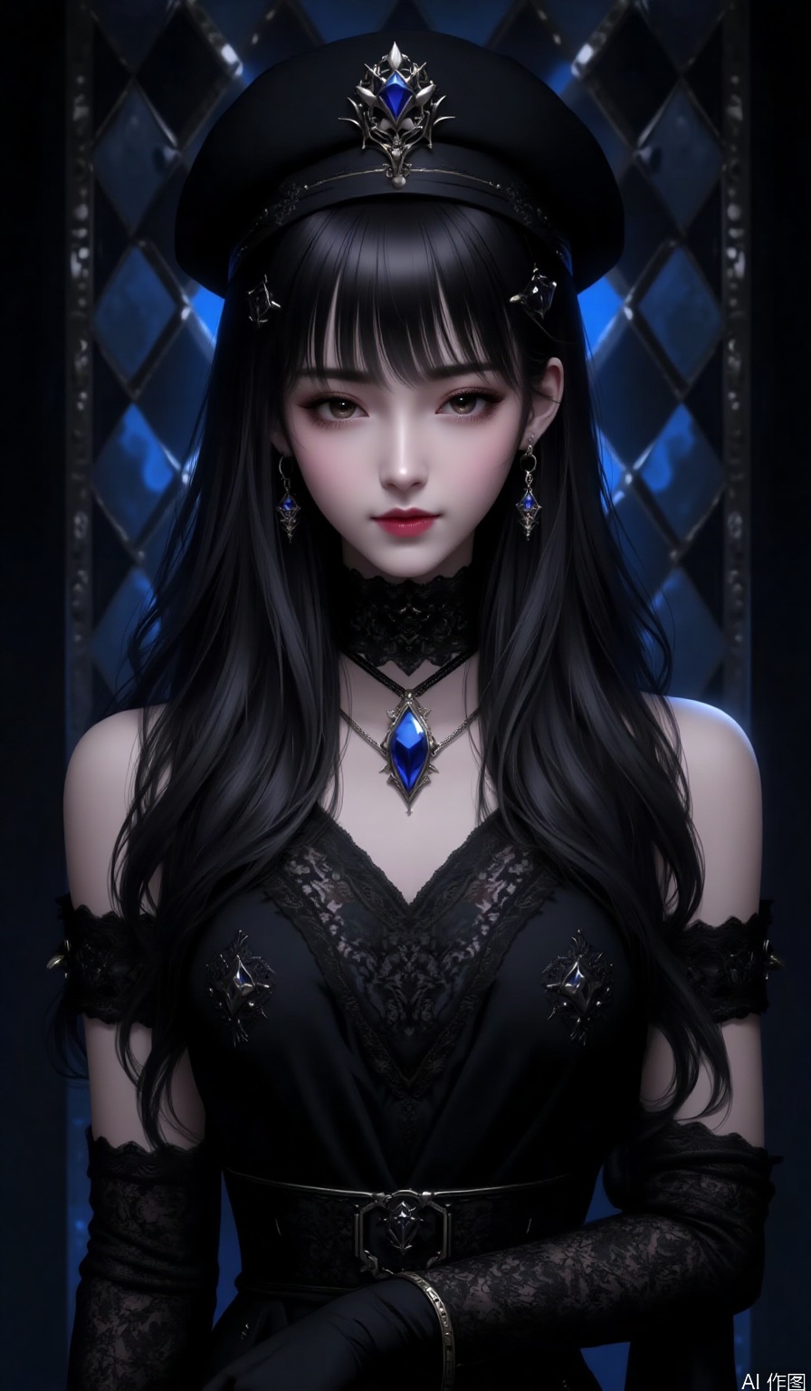 1girl, solo, long hair, breasts, looking at viewer, black hair, gloves, hat, dress,brown eyes, jewelry, medium breasts, upper body, earrings, parted lips, choker, black gloves, artist name, necklace, black dress, black headwear, makeup, beret, lipstick, black background, gem, red lips,diamond grid shaped background wall,Blue light