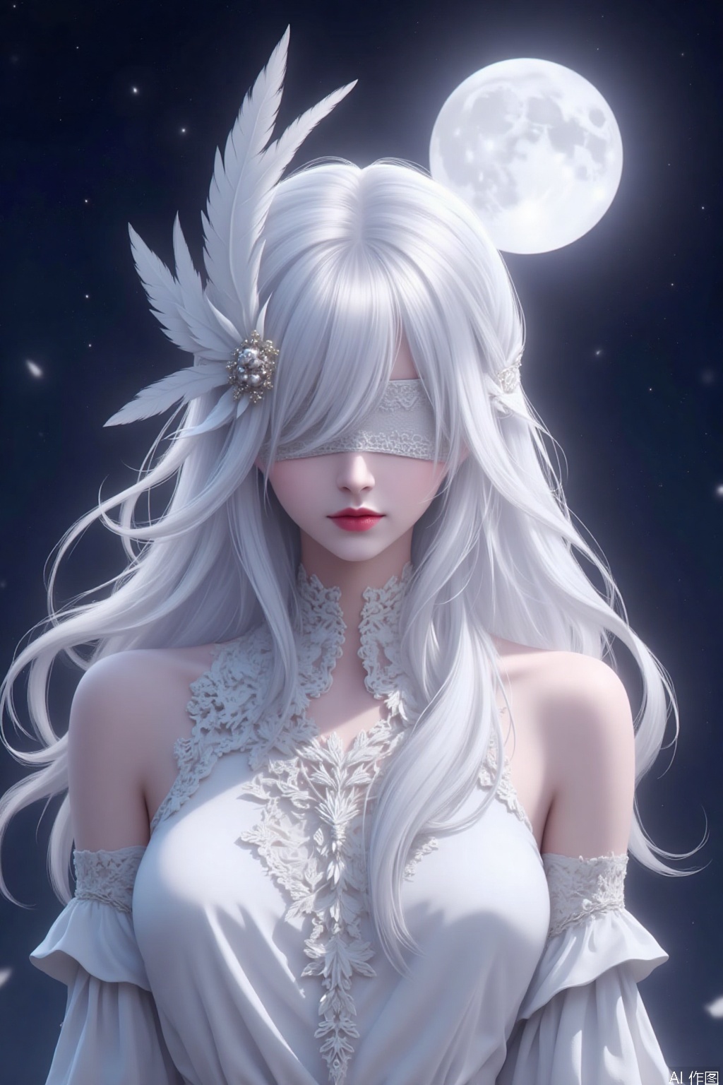 1girl, solo, long hair, breasts, hair ornament, dress, bare shoulders, medium breasts, upper body, white hair, detached sleeves, white dress, lips, night, moon, feathers, facing viewer, full moon, blindfold, red lips, covered eyes