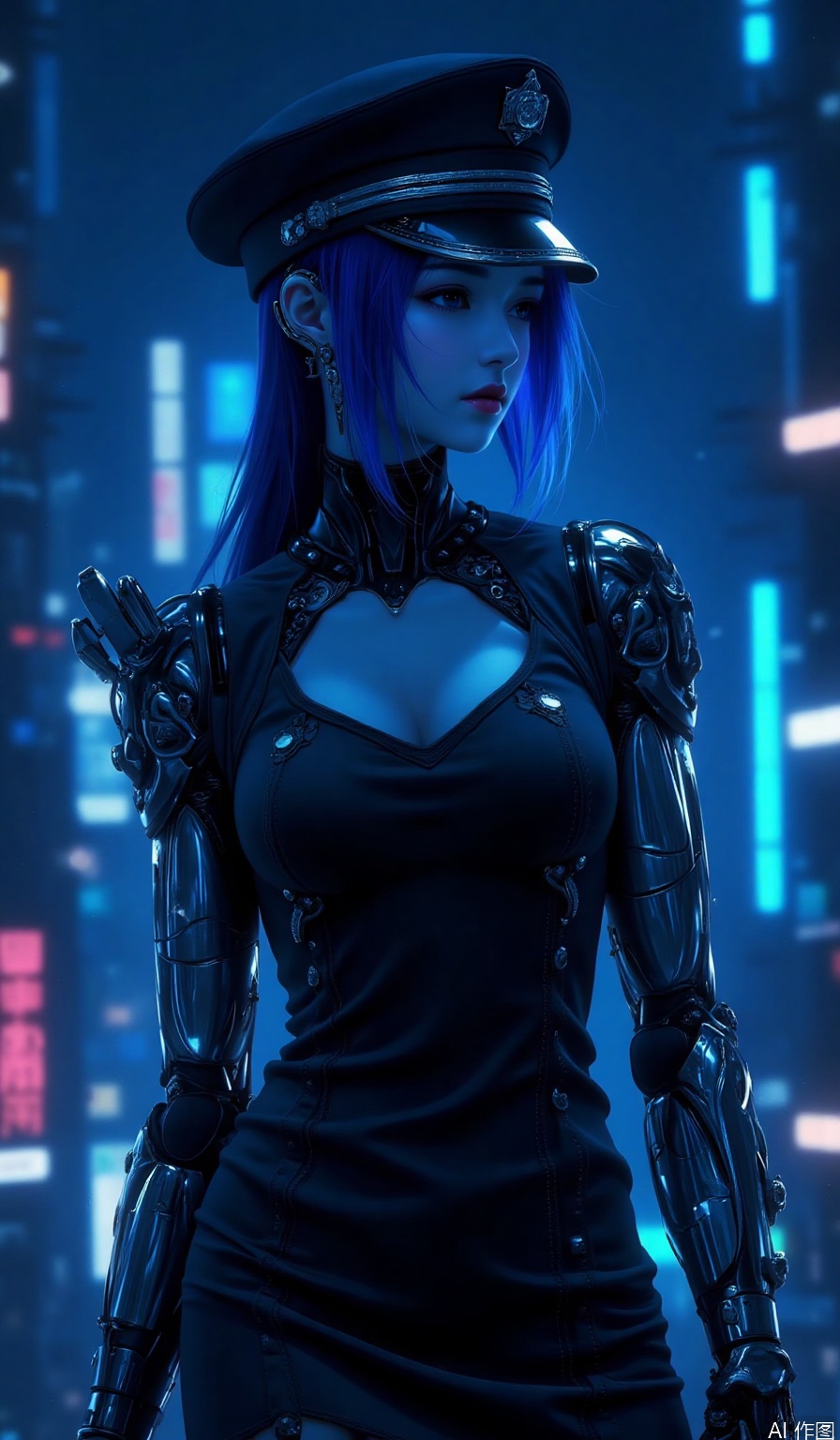 1girl, solo, dress, chinese clothes, black dress, robotic arms,hat, cyborg, cleavage, cyberpunk, blue style, neon lights,over the city,glowing