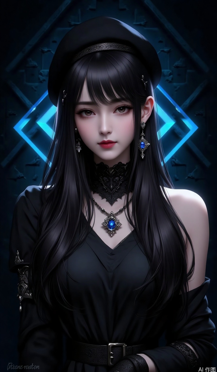 1girl, solo, long hair, breasts, looking at viewer, black hair, gloves, hat, dress,brown eyes, jewelry, medium breasts, upper body, earrings, parted lips, choker, black gloves, artist name, necklace, black dress, black headwear, makeup, beret, lipstick, black background, gem, red lips,diamond grid shaped background wall,Blue light