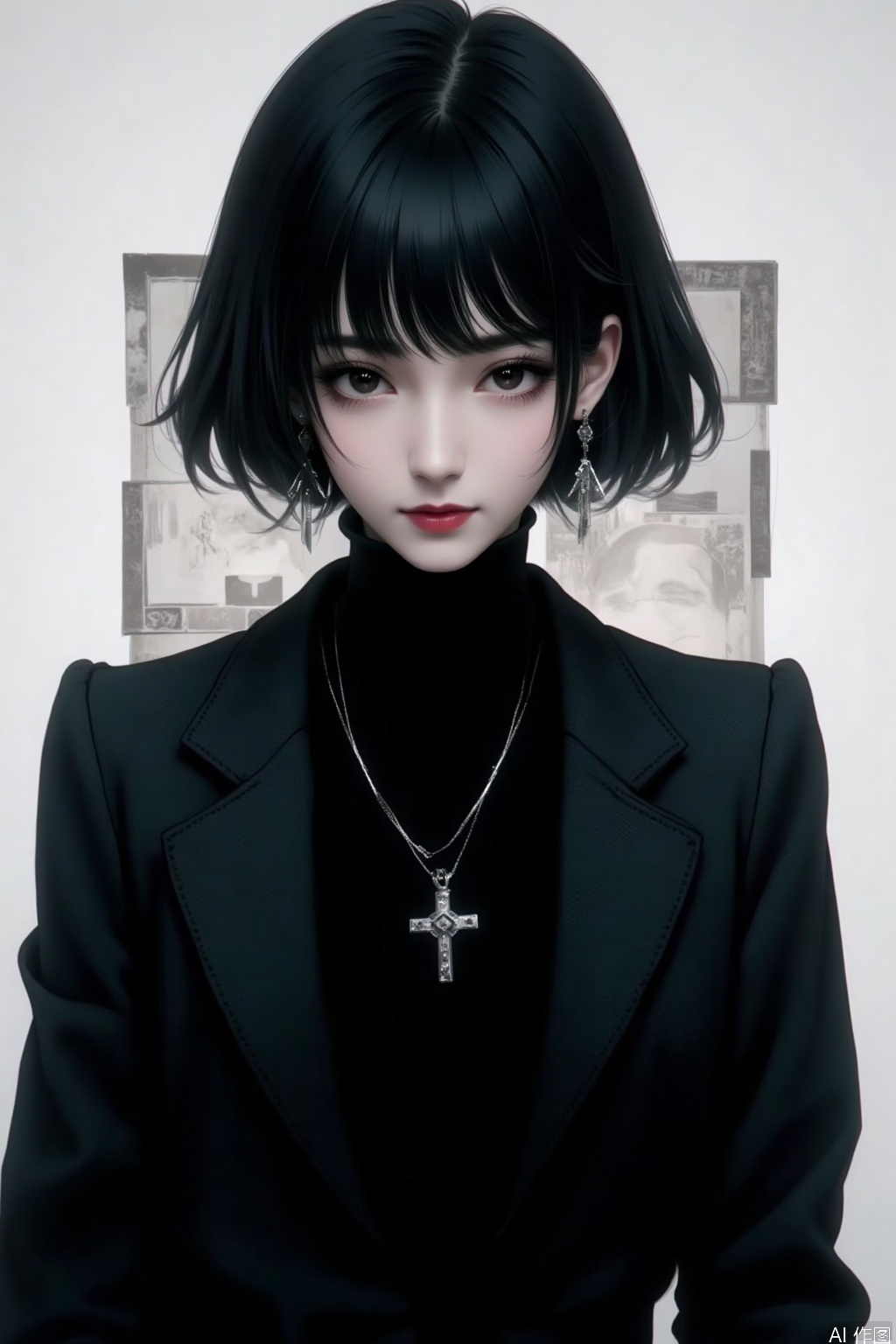 1girl, solo, looking at viewer, short hair, bangs, black hair, jewelry, closed mouth, jacket, upper body, earrings, necklace, black eyes, sweater, lips, black jacket, makeup, turtleneck, cross, lipstick, red lips, black sweater, photo \(object\)