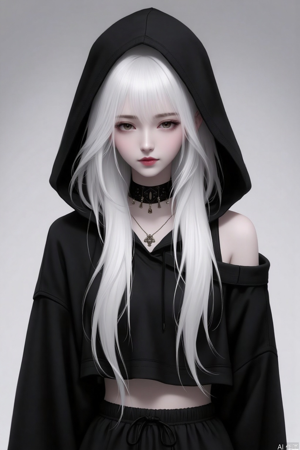 1girl, solo, long hair, looking at viewer, long sleeves, bare shoulders, jewelry, closed mouth, upper body, white hair, choker, hood, grey background, necklace, lips, crop top, gradient, gradient background, hoodie, tattoo, pale skin, hood up, red lips, black hoodie
