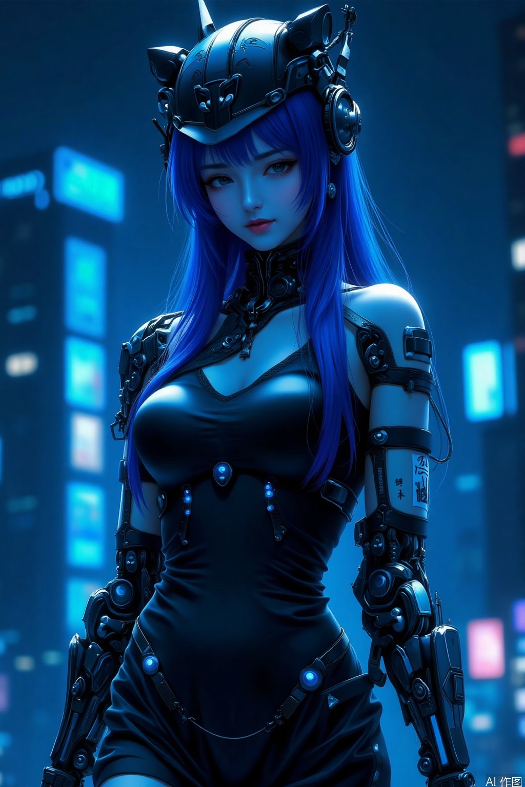 1girl, solo, dress, chinese clothes, black dress, robotic arms,hat, cyborg, cleavage, cyberpunk, blue style, neon lights,over the city,glowing