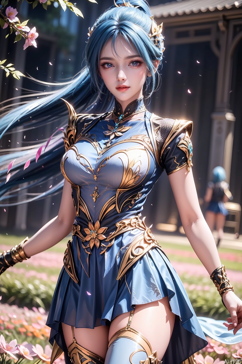 1girl, solo, long hair, blue eyes, hair ornament, dress, closed mouth, blue hair, ponytail, multicolored hair, gradient hair,masterpiece,best quality,official art,extremely detailed CG unity 8k wallpaper,Thigh exposed,thighhighs,looking at viewer,flower field,