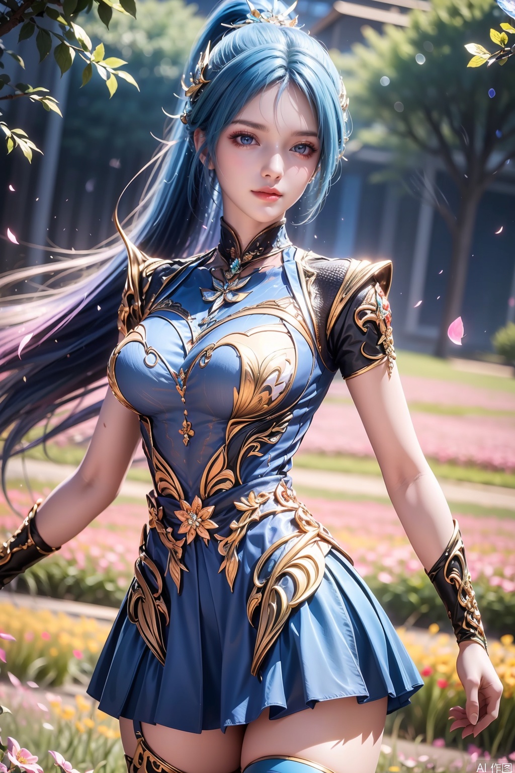 1girl, solo, long hair, blue eyes, hair ornament, dress, closed mouth, blue hair, ponytail, multicolored hair, gradient hair,masterpiece,best quality,official art,extremely detailed CG unity 8k wallpaper,Thigh exposed,thighhighs,looking at viewer,flower field,