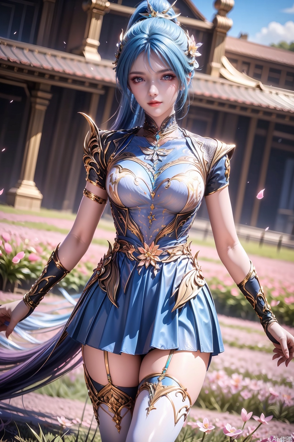 1girl, solo, long hair, blue eyes, hair ornament, dress, closed mouth, blue hair, ponytail, multicolored hair, gradient hair,masterpiece,best quality,official art,extremely detailed CG unity 8k wallpaper,Thigh exposed,thighhighs,looking at viewer,flower field,