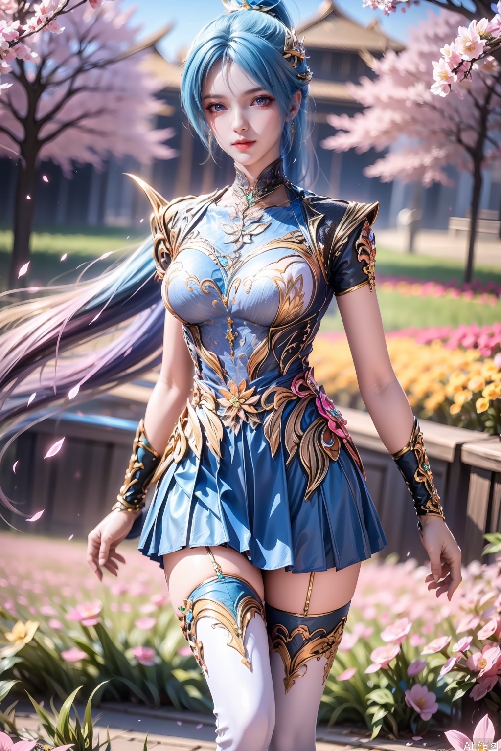 1girl, solo, long hair, blue eyes, hair ornament, dress, closed mouth, blue hair, ponytail, multicolored hair, gradient hair,masterpiece,best quality,official art,extremely detailed CG unity 8k wallpaper,Thigh exposed,thighhighs,looking at viewer,flower field,