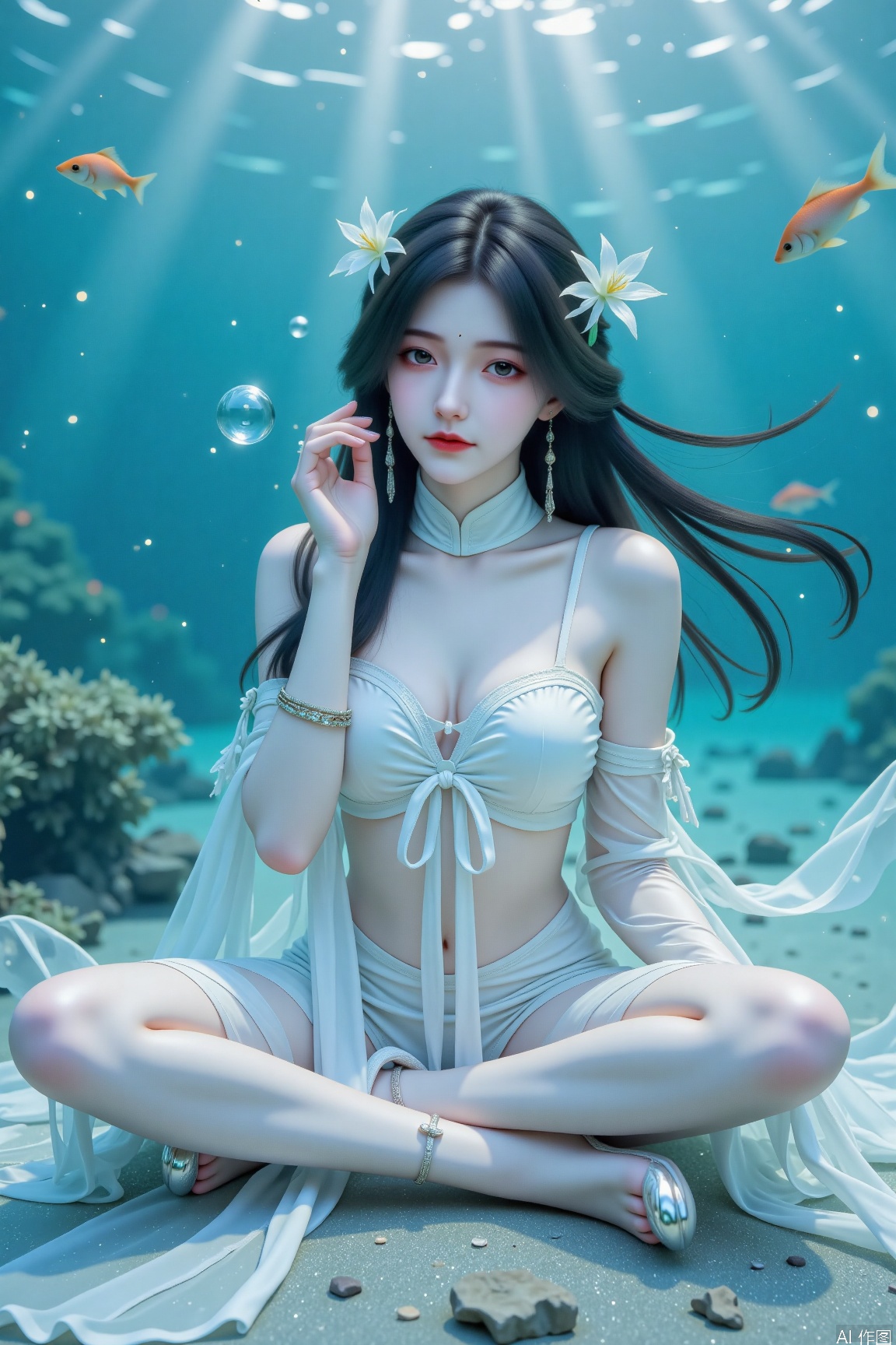 A serene underwater scene: a stunning girl with long black hair adorned with a hair ornament sits cross-legged on the seafloor, her white dress flowing like a cloud. Her breasts and bare legs are visible through the transparent fabric. She gazes directly at the viewer, her eyes sparkling like fish swimming in the surrounding water. A delicate flower adorns her hair, and a detached sleeve floats beside her. Her high heels seem out of place in this underwater world, but she wears them with confidence. An anklet wraps around her ankle, and an air bubble rises from her mouth as she sits serenely amidst the light rays dancing through the water.