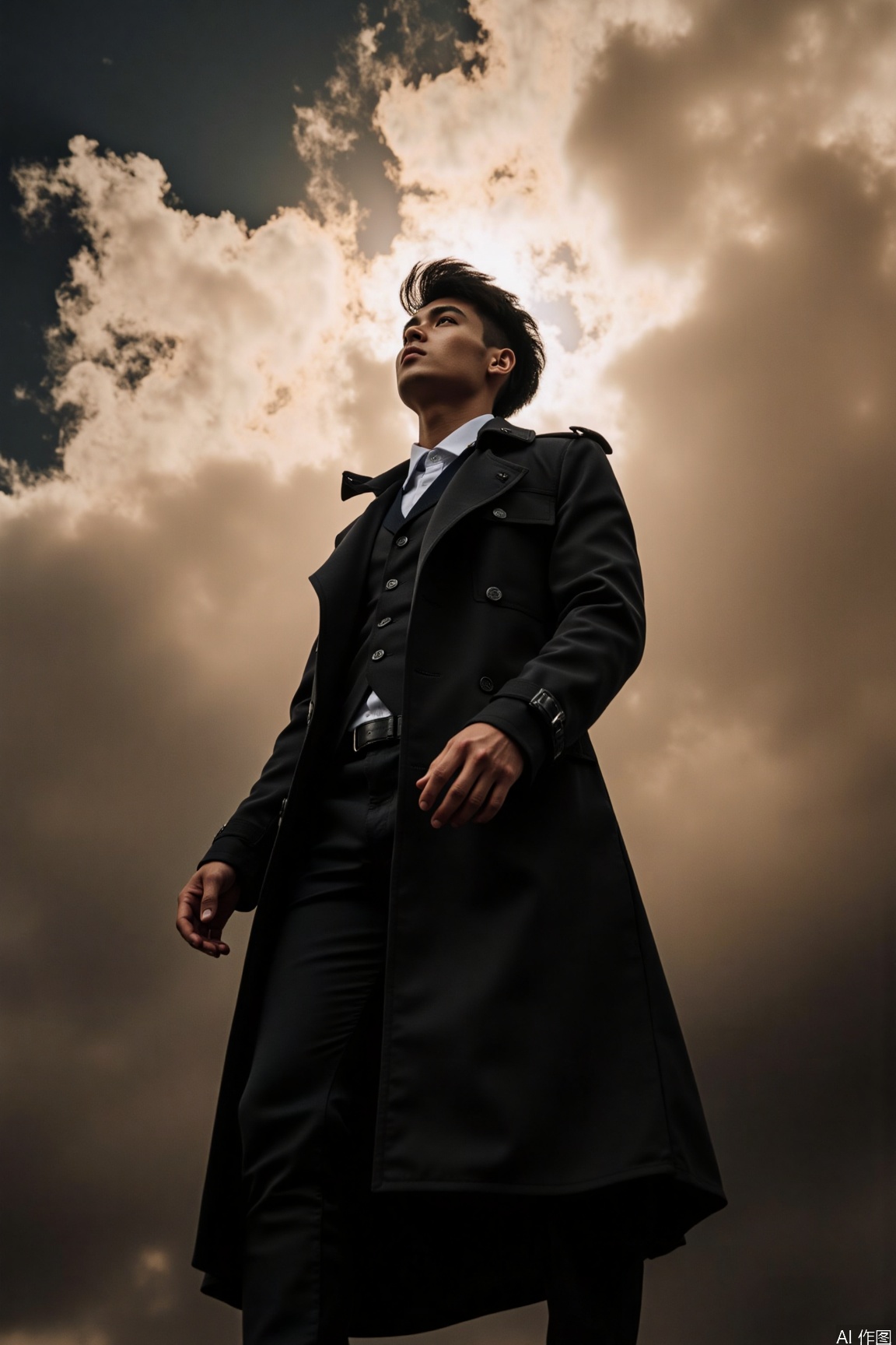 Low - angle upward shot of a stern male model wearing a long black trench coat, standing on the edge of a cliff with his black hair whipped up by the wind. Behind him are churning inky clouds and golden sunlight piercing through, with a sheer drop at his feet, creating a majestic and perilous epic atmosphere..xnz,sec