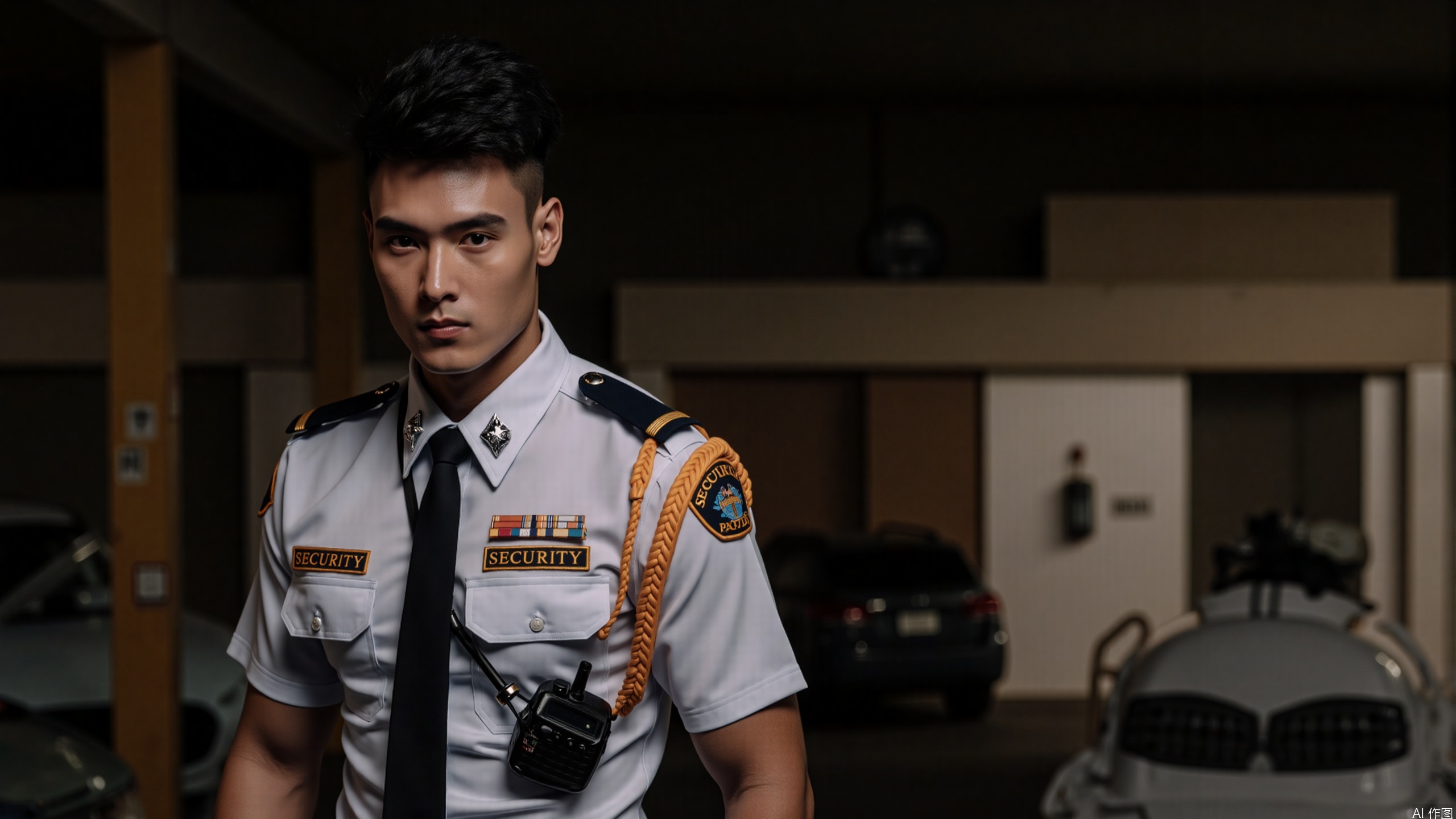 Under the dim yellow light of the underground parking lot, a tall and straight male model is wearing a tailored security guard uniform. The black tie is neatly tied, and a walkie-talkie hangs from his waist. His eyes are cold, emitting an ascetic aura that keeps people at arm's length.xnz