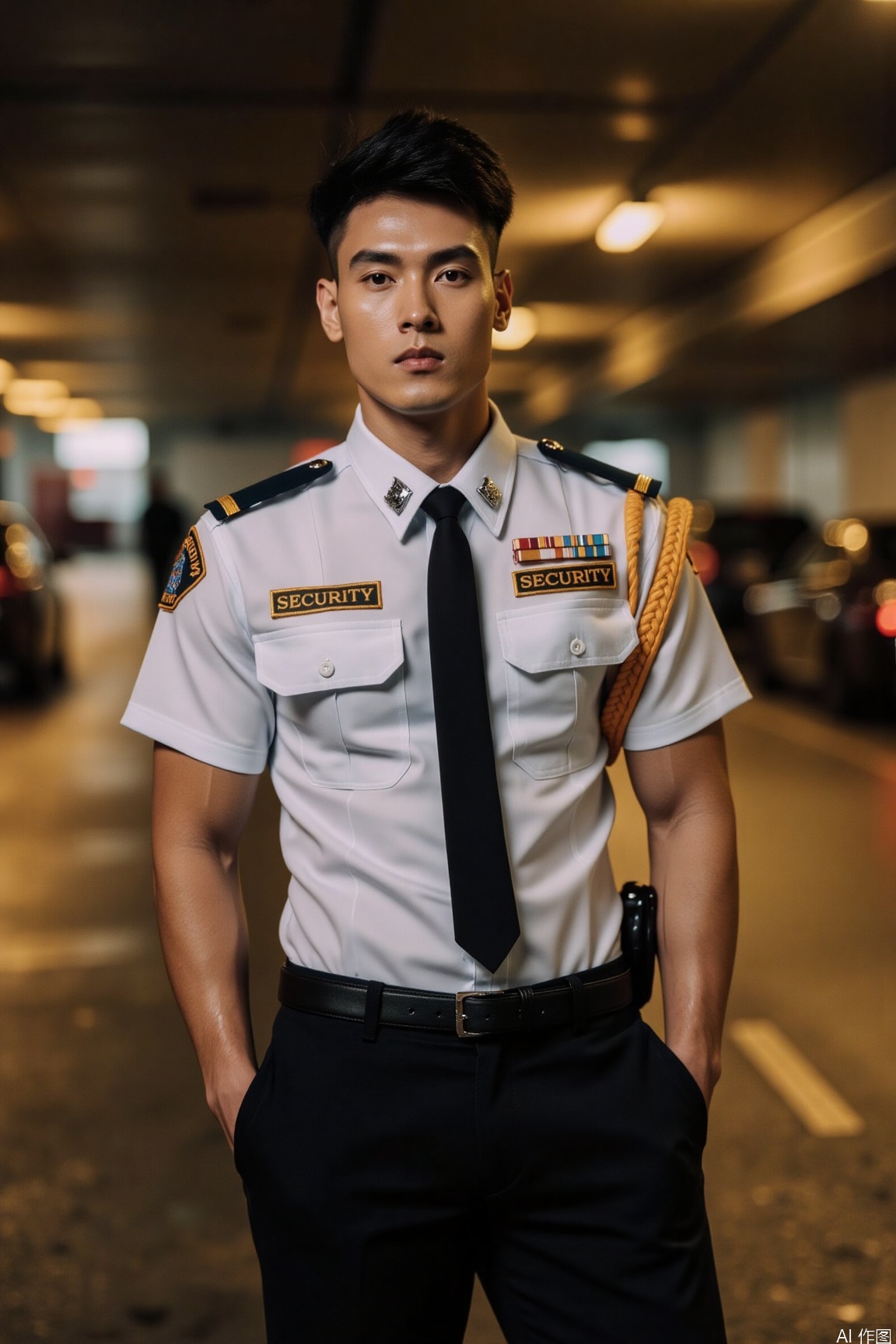 Under the dim yellow light of the underground parking lot, a tall and straight male model is wearing a tailored security guard uniform. The black tie is neatly tied, and a walkie-talkie hangs from his waist. His eyes are cold, emitting an ascetic aura that keeps people at arm's length.xnz,vivid color,motion blur effect