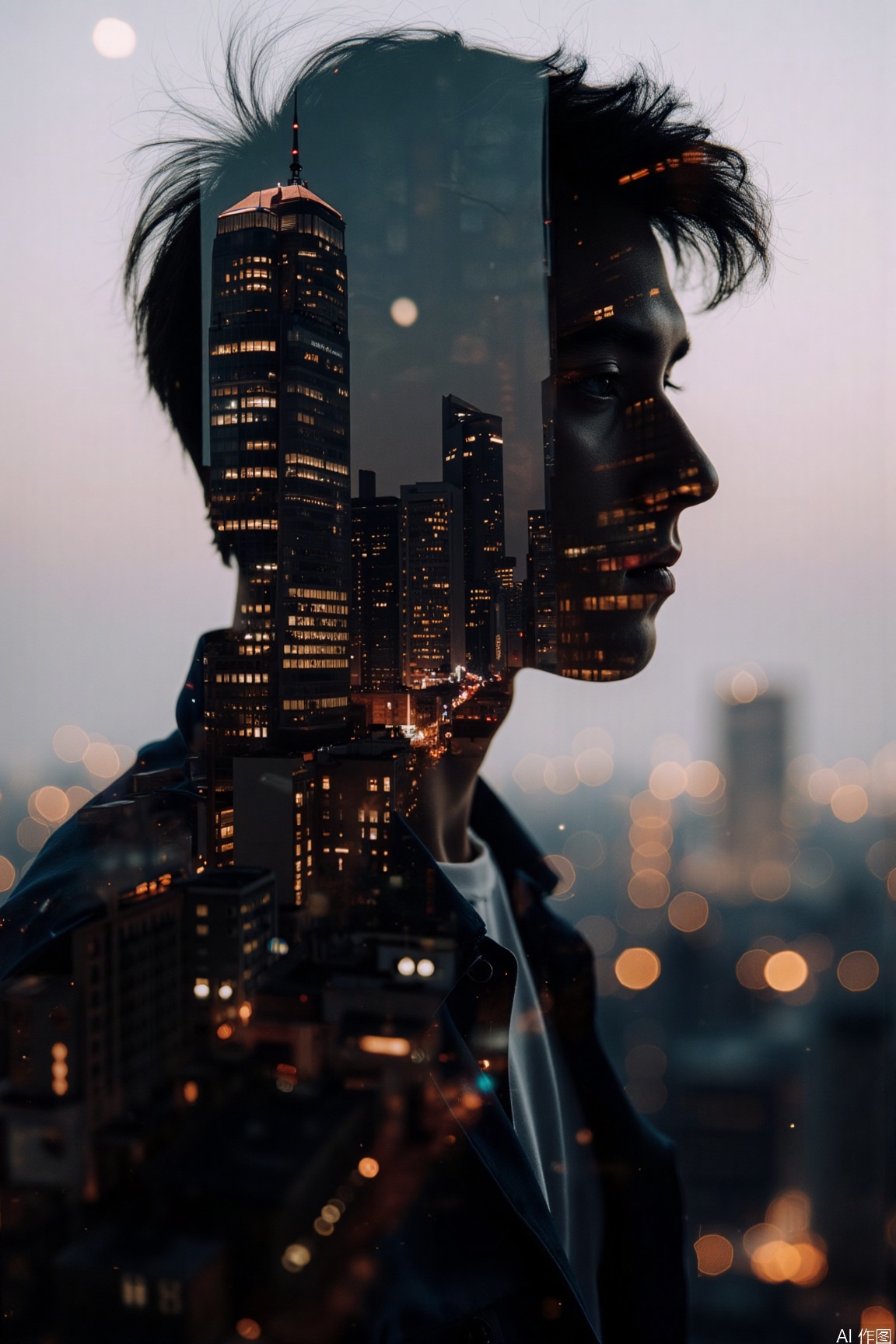 1man with the profile set against the city night view,Double - exposure creates a mysterious artistic conception.jzbj