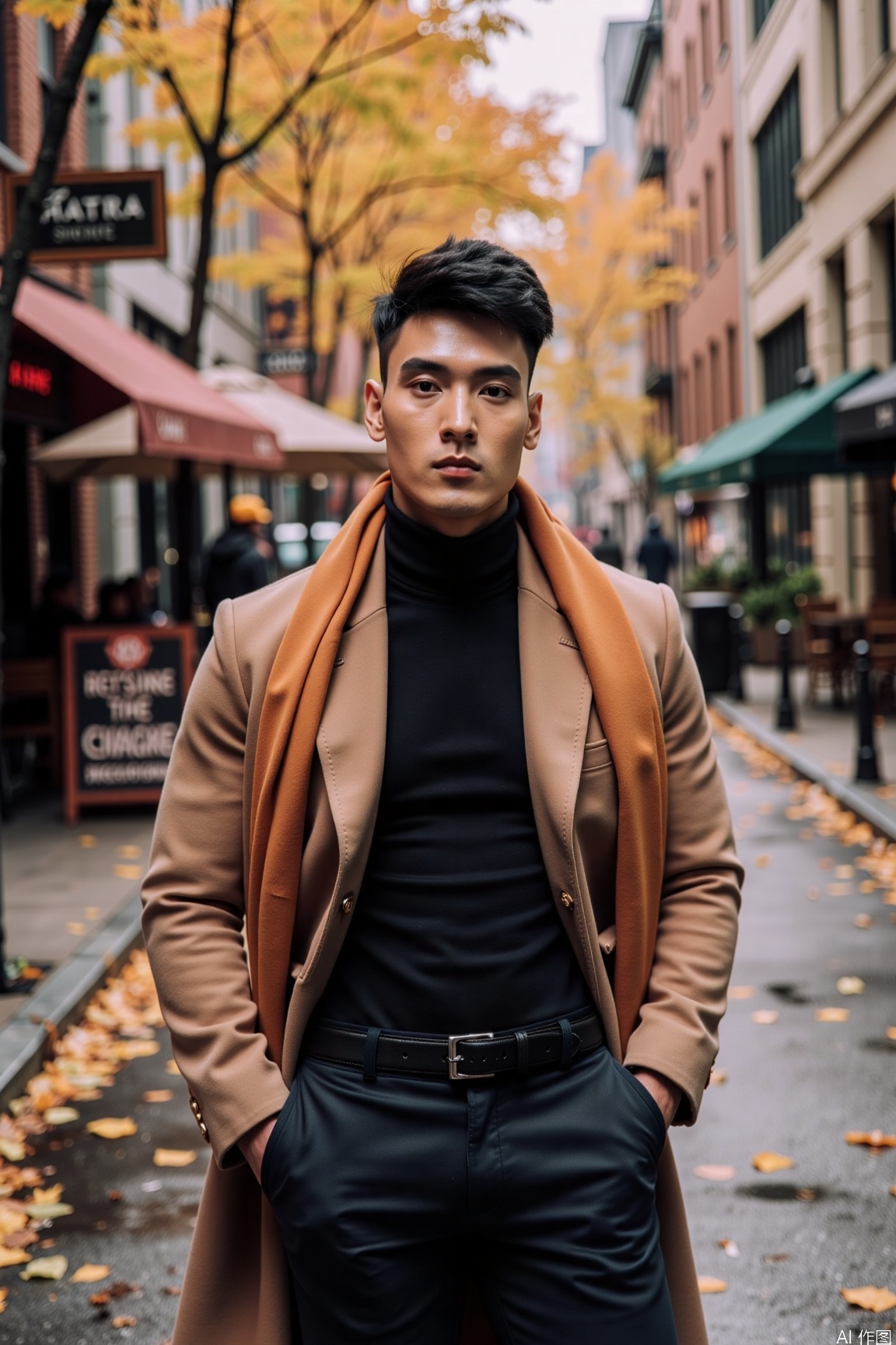 An Asian male model stands on a deep autumn city street, wearing a camel wool coat and black turtleneck, slightly turning sideways with one hand in pocket. Background features ginkgo leaves falling on sidewalks and a retro café. Warm golden morning light filters through buildings, reflecting on damp pavement. The image highlights his sharp silhouette and fabric textures, with cool-toned architectures contrasting against the flowing warm scarf, his stern expression contrasting with soft lighting..,xnz,vivid color