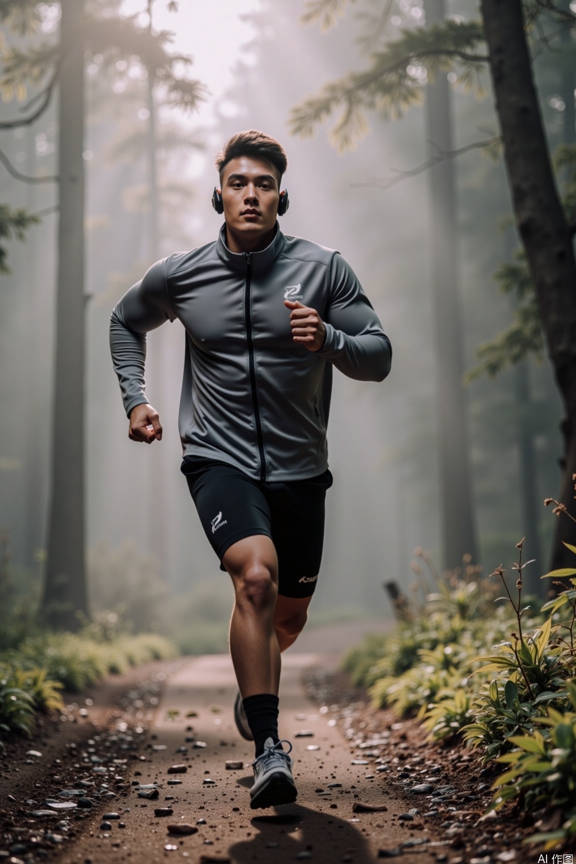 Running along a misty forest trail, a male model wearing bone - conduction headphones and technical sportswear strides forward. Dew drops scatter with each step as sunlight filters through the fog, highlighting his determined profile and creating a crisp, cool atmosphere where nature meets athleticism.,xnz