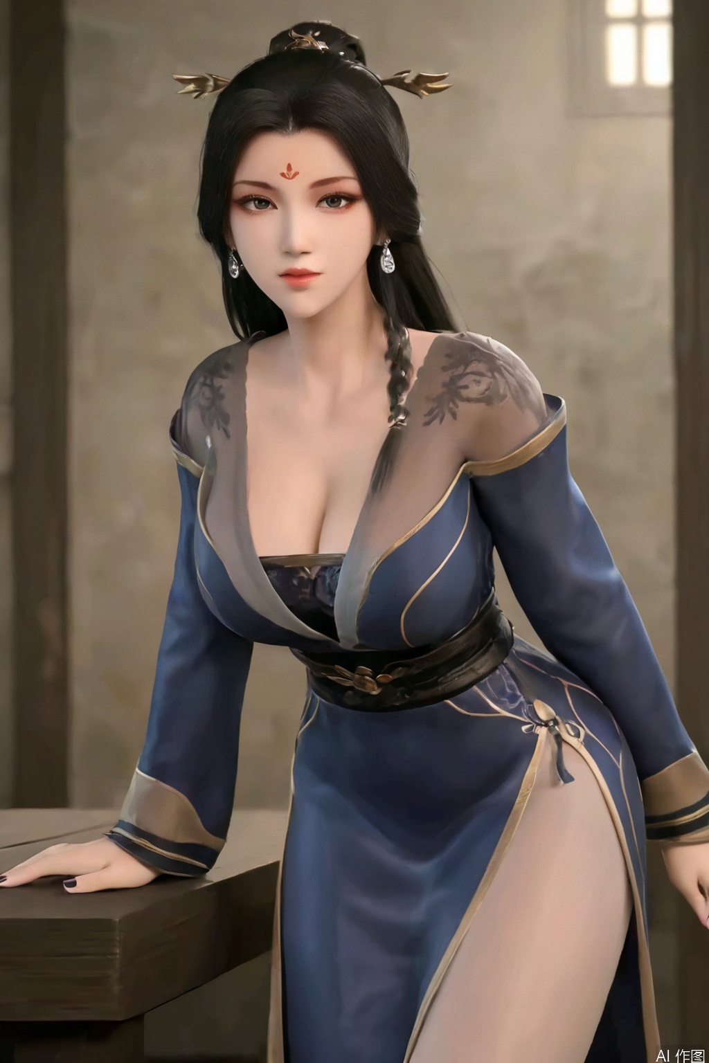 score_9,score_8_up,1girl, solo, long hair, breasts, black hair, dress, cleavage, jewelry, big breasts, closed mouth, looking_at_viewer, earrings, leaning forward, chinese clothes, long sleeves,blue dress,black footwears,see through,black lace,YeMei,forehead mark