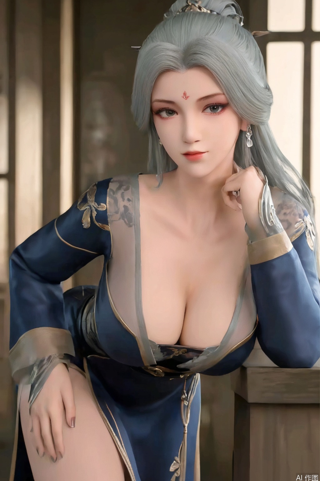 score_9,score_8_up,1girl, solo, long hair, breasts, silver hair, dress, cleavage, jewelry, big breasts, closed mouth, looking_at_viewer, earrings, leaning forward, chinese clothes, long sleeves,blue dress,black footwears,see through,black lace,YeMei