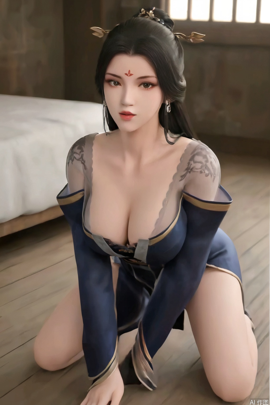 score_9,score_8_up,(From top to bottom),1girl, solo, long hair, looking at viewer, brown eyes, black hair, hair ornament, dress, jewelry, earrings, kneeling&setting on floot, on all fours,big_breasts,cleavage, blue dress/chinese clothes,see through,black lace,YeMei,forehead mark ,living room,