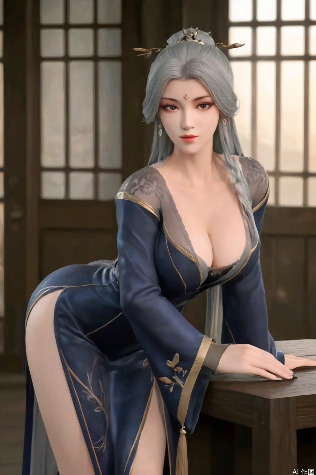 score_9,score_8_up,1girl, solo, long hair, breasts, silver hair, dress, cleavage, jewelry, big breasts, closed mouth, looking_at_viewer, earrings, leaning forward, chinese clothes, long sleeves,blue dress,black footwears,see through,black lace,YeMei