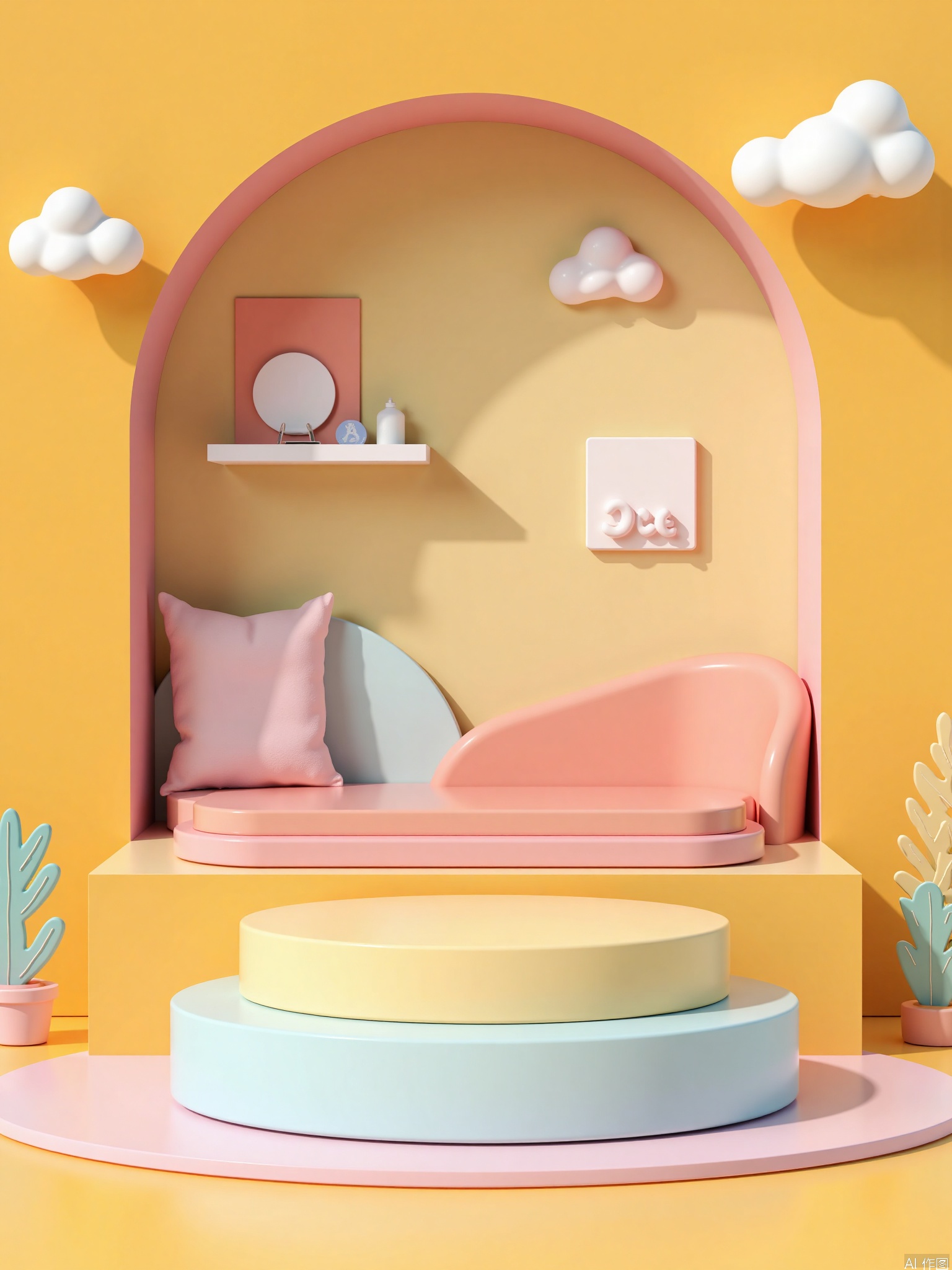 A 3D cute style booth with more diverse and bold color changes, small accessories around the booth,