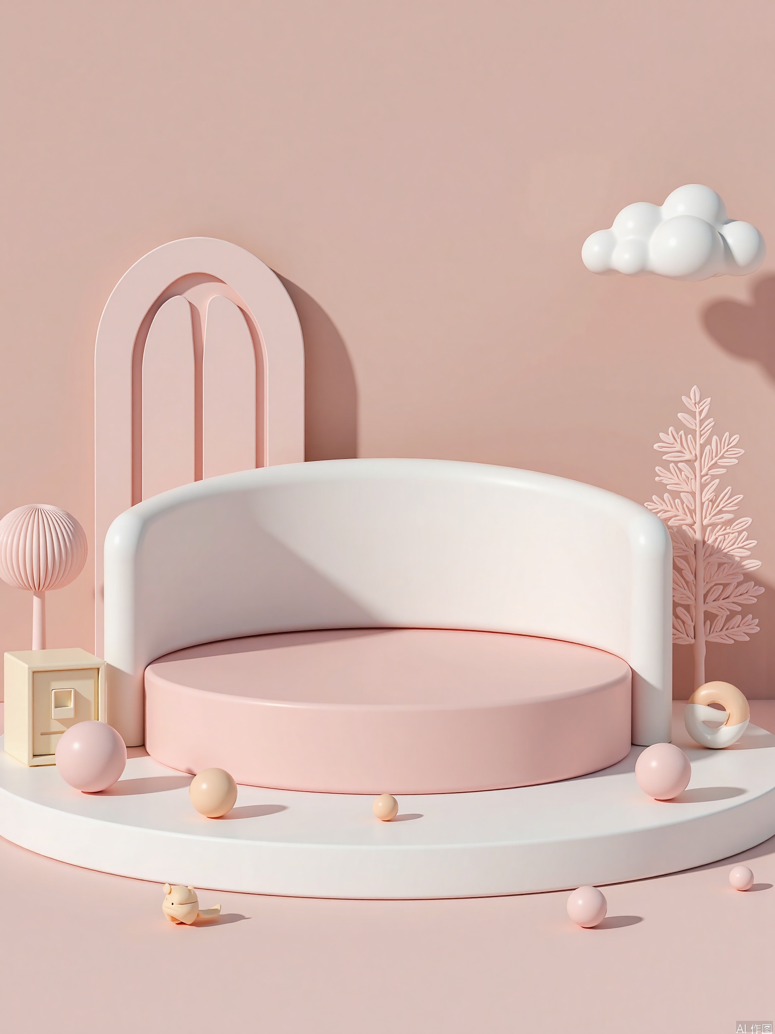 A 3D cute style booth in cool tones with small accessories around the booth,