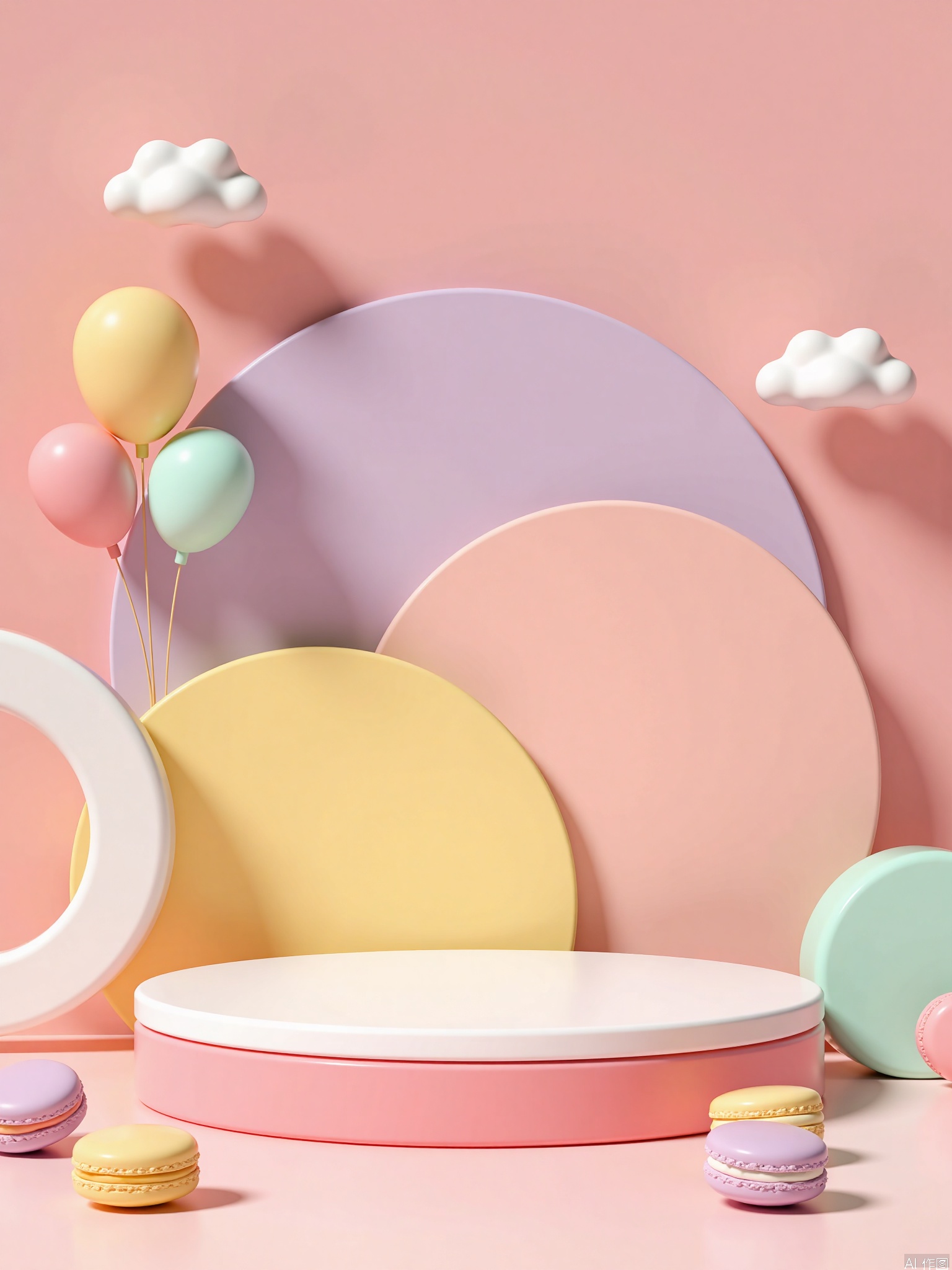 A 3D cute style booth with macaron color matching, each picture has a similar color system,