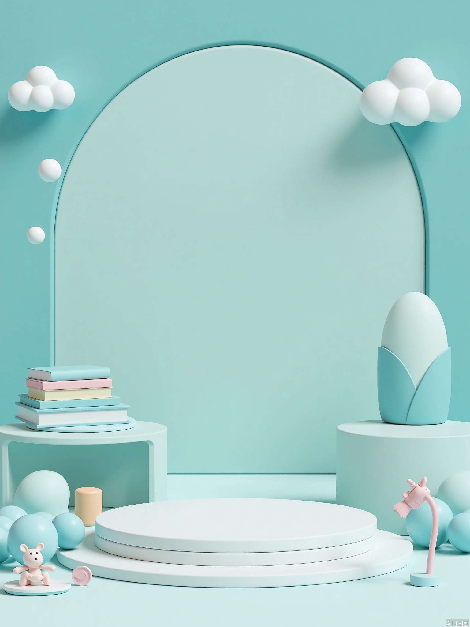 A 3D cute style booth in cool tones with small accessories around the booth,