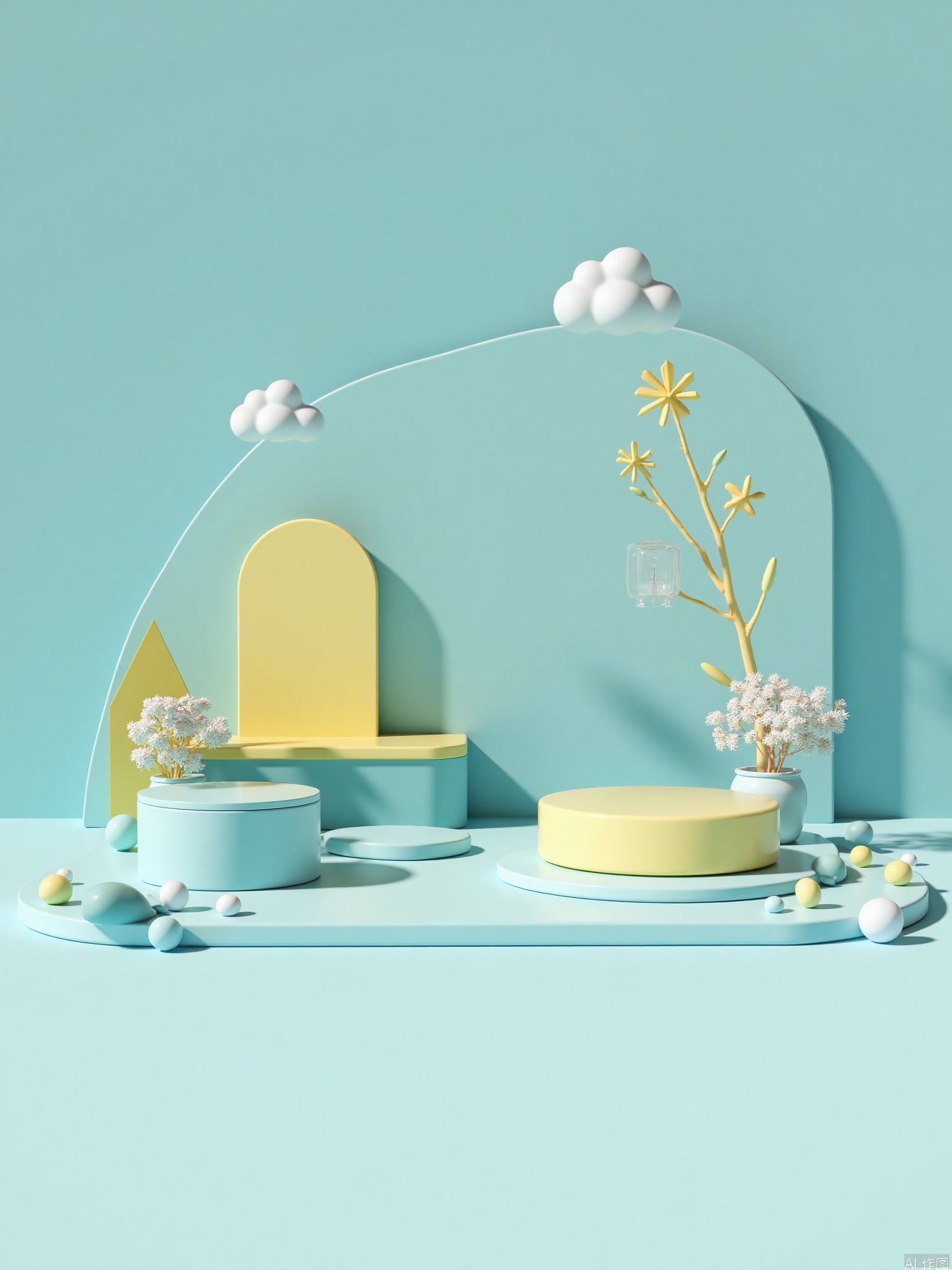 A 3D cute style booth in cool tones with small accessories around the booth,