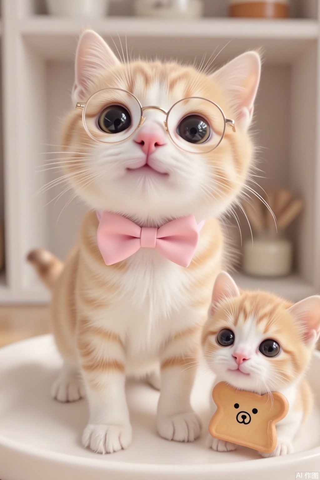 Realistic style, a one-month-old golden tabby kitten standing with its head up looking at the camera, wearing a round metal-rimmed glasses a pink bow tie, an orange and white striped kitten with a piece of bread in its mouth, the bread has a little bear pattern, shooting down at the kitten's, the background is an indoor home environment, with shelves and jars, the picture style is cute, the color is soft, using high-definition realistic rendering