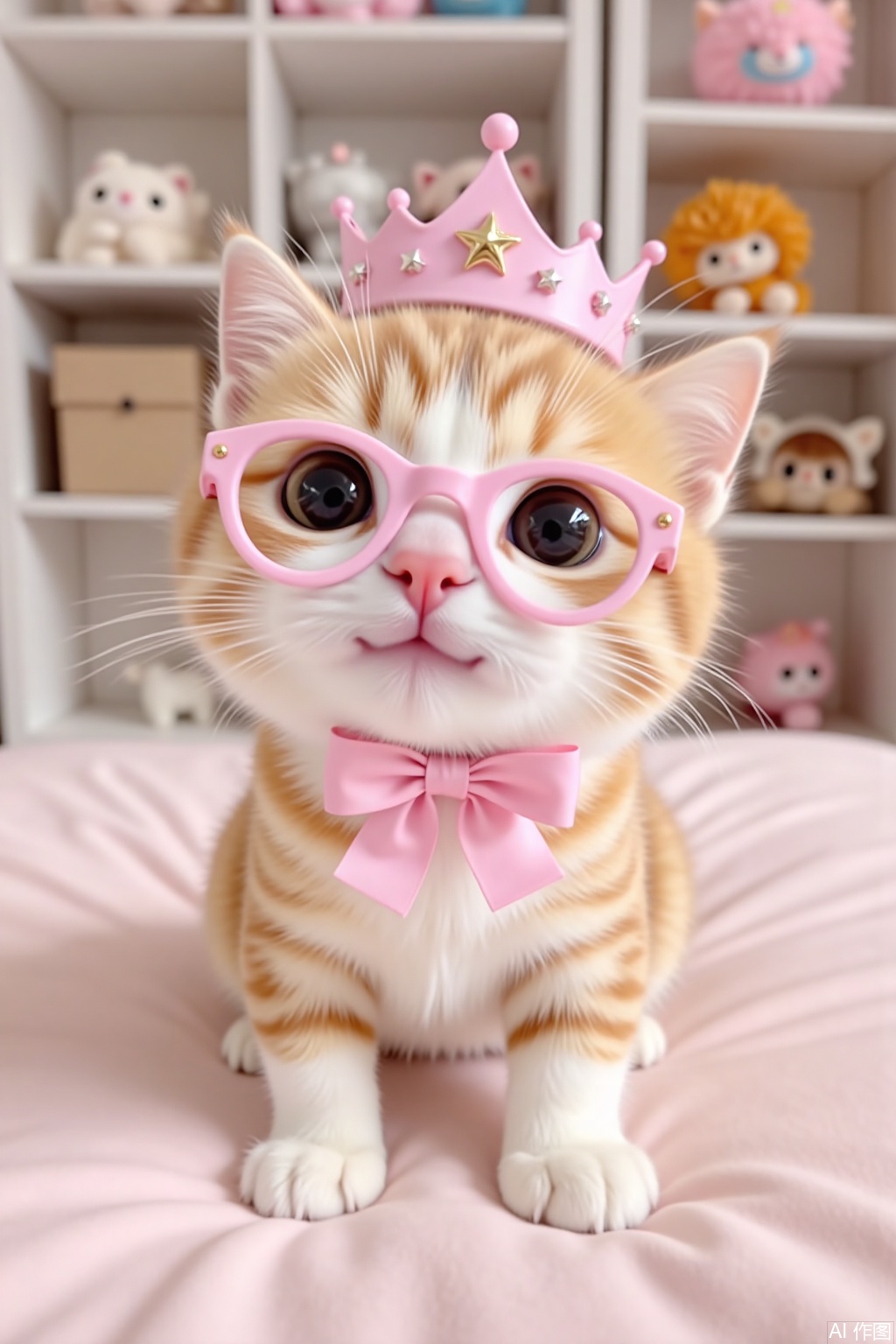 Realistic style, a one-month-old kitten, its breed is a golden tabby cat, wearing pink round-frame glasses, wearing a pink crown tied with a pink bow, the background is an indoor environment, with shelves and stuffed toys, the picture style is cute, the color is soft, using realistic rendering