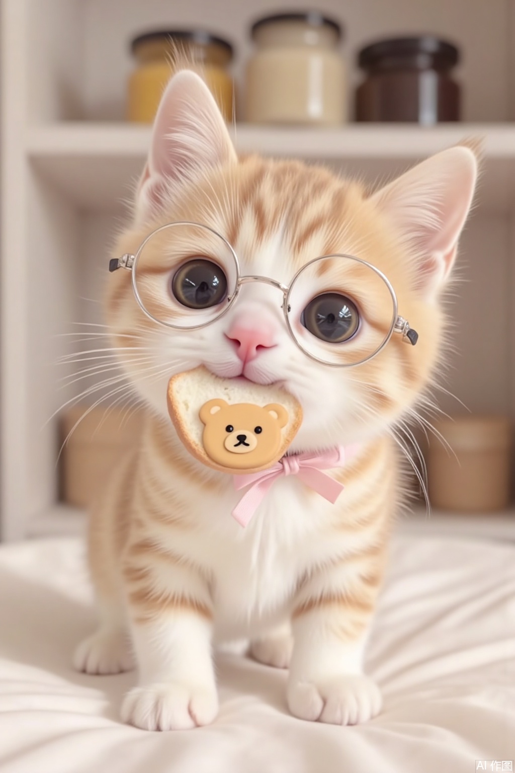Realistic style, a little kitten, a month-old golden tabby kitten, standing with its head up looking at the camera, wearing a round metal frame, a cat with orange and white stripes tied with a pink bow, with a slice of bread in its mouth, the bread slice has a little bear pattern, shooting the kitten' head from a low angle, the background is an indoor home environment, with shelves and bottles and jars, the picture style is cute, the color is soft, using high-definition rendering.