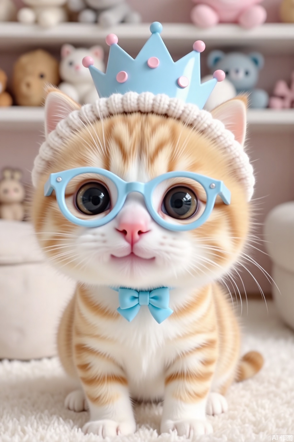 Realistic style, a one-month-old golden tabby kitten wearing light blue round-frame glasses, a light blue crown, and a light blue bow with an indoor background of shelves and stuffed toys, the image is cute and soft in color, using realistic rendering.