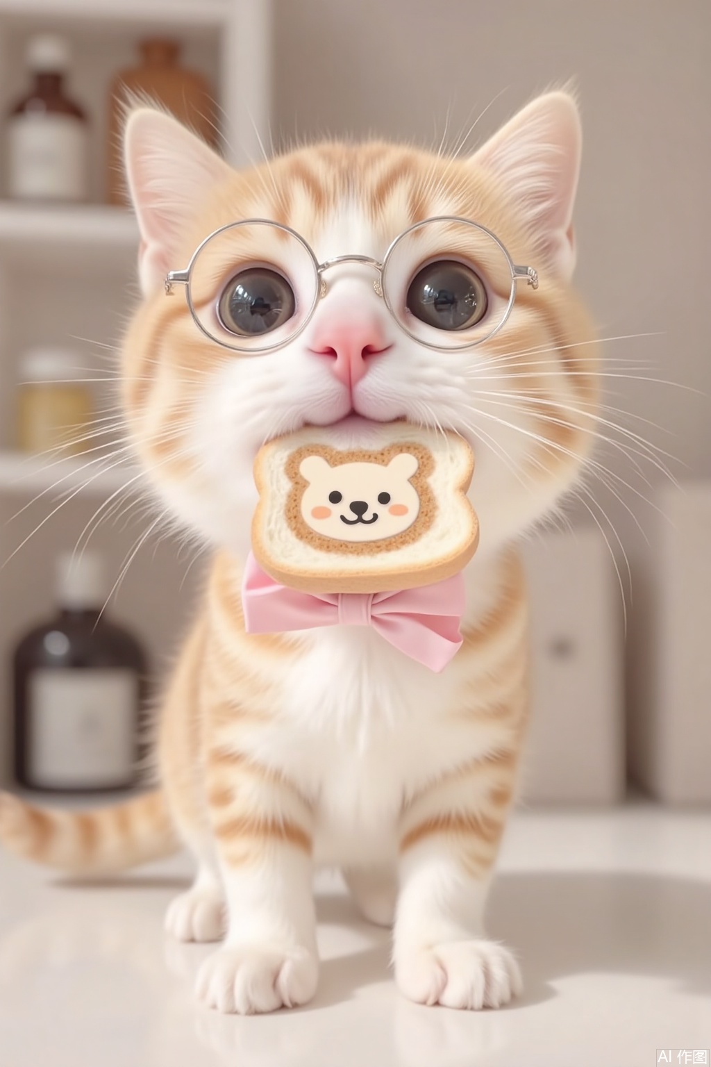 Realistic style, a little kitten, a month-old golden tabby kitten, standing with its head up looking at the camera, wearing a round metal frame, a cat with orange and white stripes tied with a pink bow, with a slice of bread in its mouth, the bread slice has a little bear pattern, shooting the kitten' head from a low angle, the background is an indoor home environment, with shelves and bottles and jars, the picture style is cute, the color is soft, using high-definition rendering.