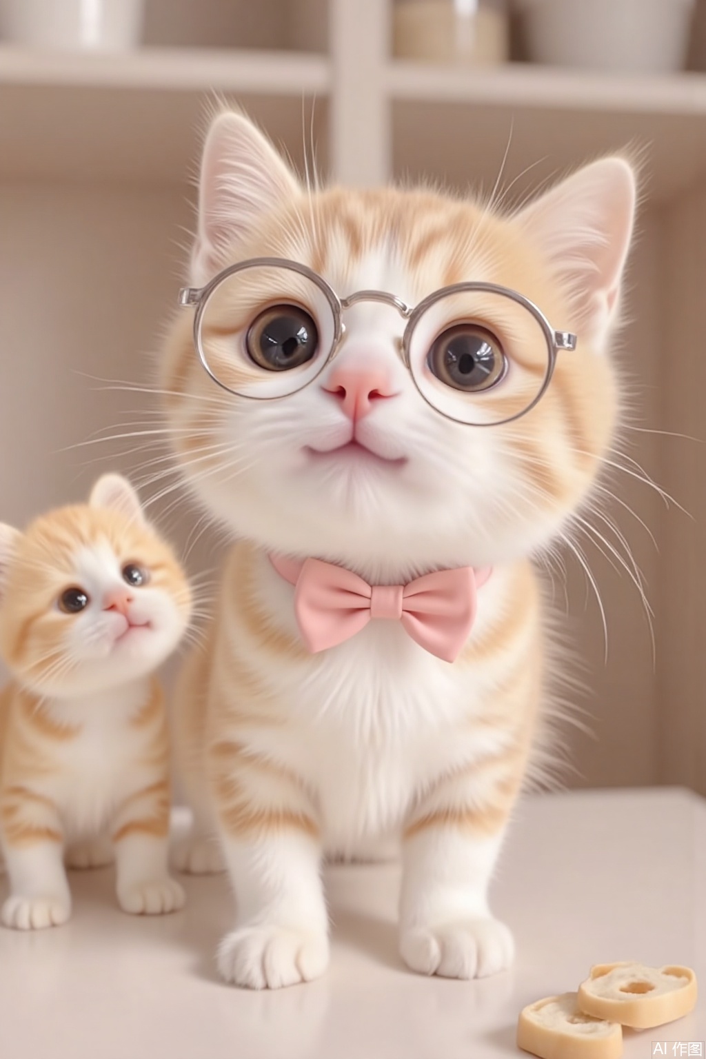 Realistic style, a one-month-old golden tabby kitten standing with its head up looking at the camera, wearing a round metal-rimmed glasses a pink bow tie, an orange and white striped kitten with a piece of bread in its mouth, the bread has a little bear pattern, shooting down at the kitten's, the background is an indoor home environment, with shelves and jars, the picture style is cute, the color is soft, using high-definition realistic rendering