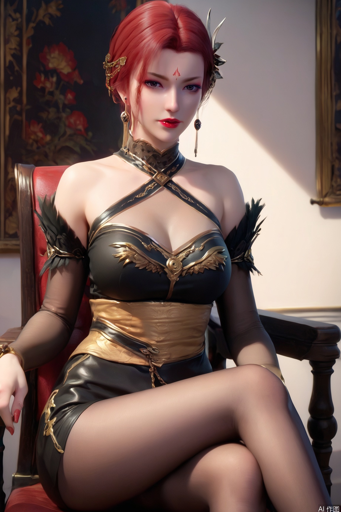 score_9, score_8_up, score_7_up,highly detailed digital,CG,
1girl, solo, breasts, looking at viewer, short hair, hair ornament, dress, cleavage, bare shoulders, jewelry, medium breasts, sitting, pantyhose, red hair, earrings, detached sleeves, black dress, lips, makeup, feet out of frame, halterneck, chair, facial mark, crossed legs, lipstick, forehead mark, red lips