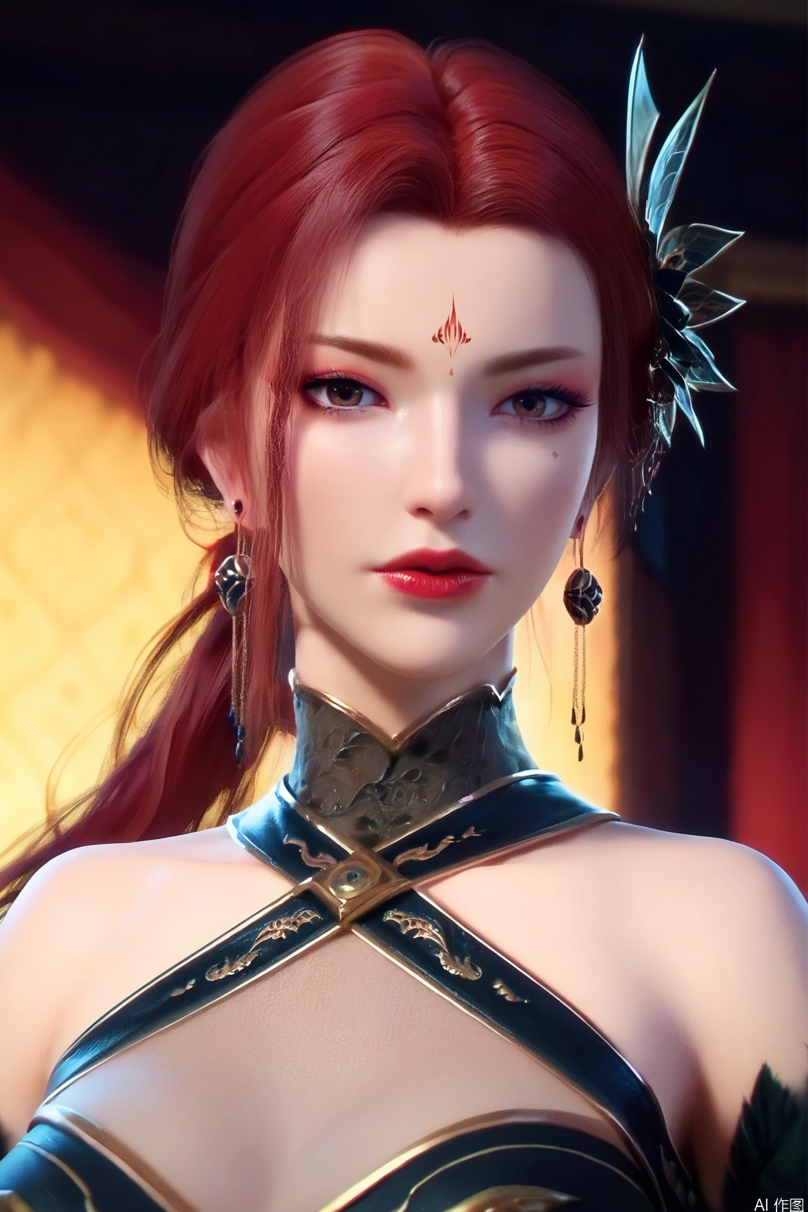 score_9, score_8_up, score_7_up,highly detailed digital,CG,
1girl, solo, long hair, breasts, looking at viewer, hair ornament, dress, bare shoulders, jewelry, upper body, ponytail, red hair, earrings, lips, makeup, facial mark, forehead mark, red lips