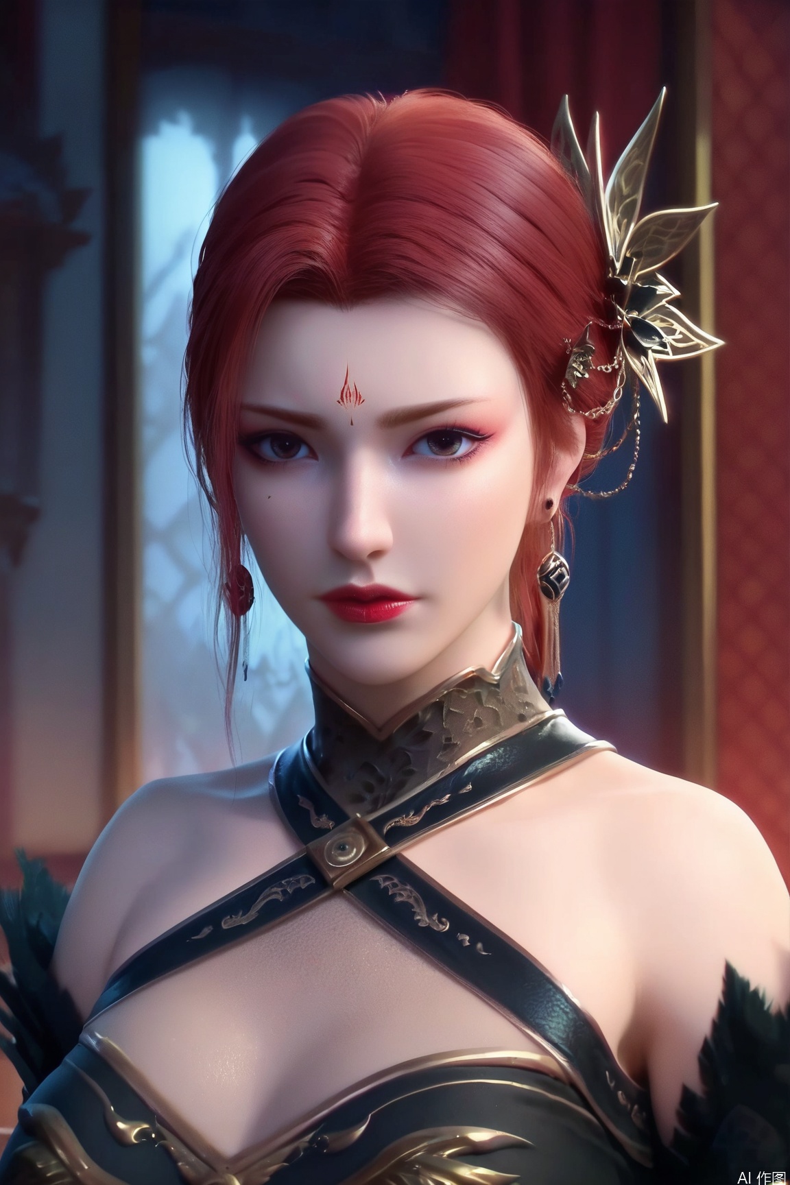 score_9, score_8_up, score_7_up,highly detailed digital,CG,realistic,
1girl, solo, long hair, breasts, looking at viewer, hair ornament, dress, bare shoulders, jewelry, upper body, ponytail, red hair, earrings, lips, makeup, facial mark, forehead mark, red lips