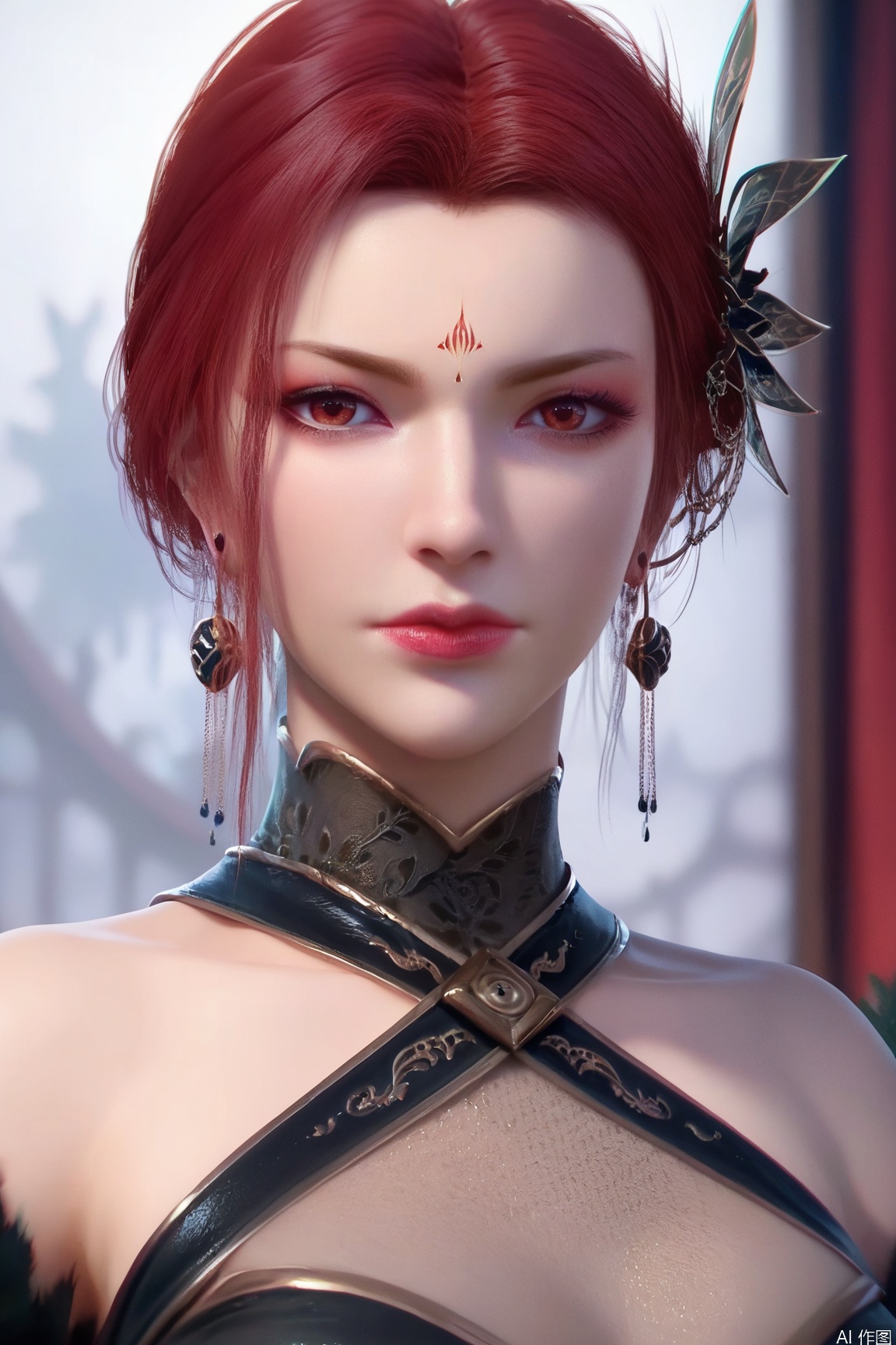 score_9, score_8_up, score_7_up,highly detailed digital,CG,realistic,
1girl, solo, hair ornament, red eyes, dress, jewelry, closed mouth, red hair, earrings, makeup, facial mark, portrait, forehead mark