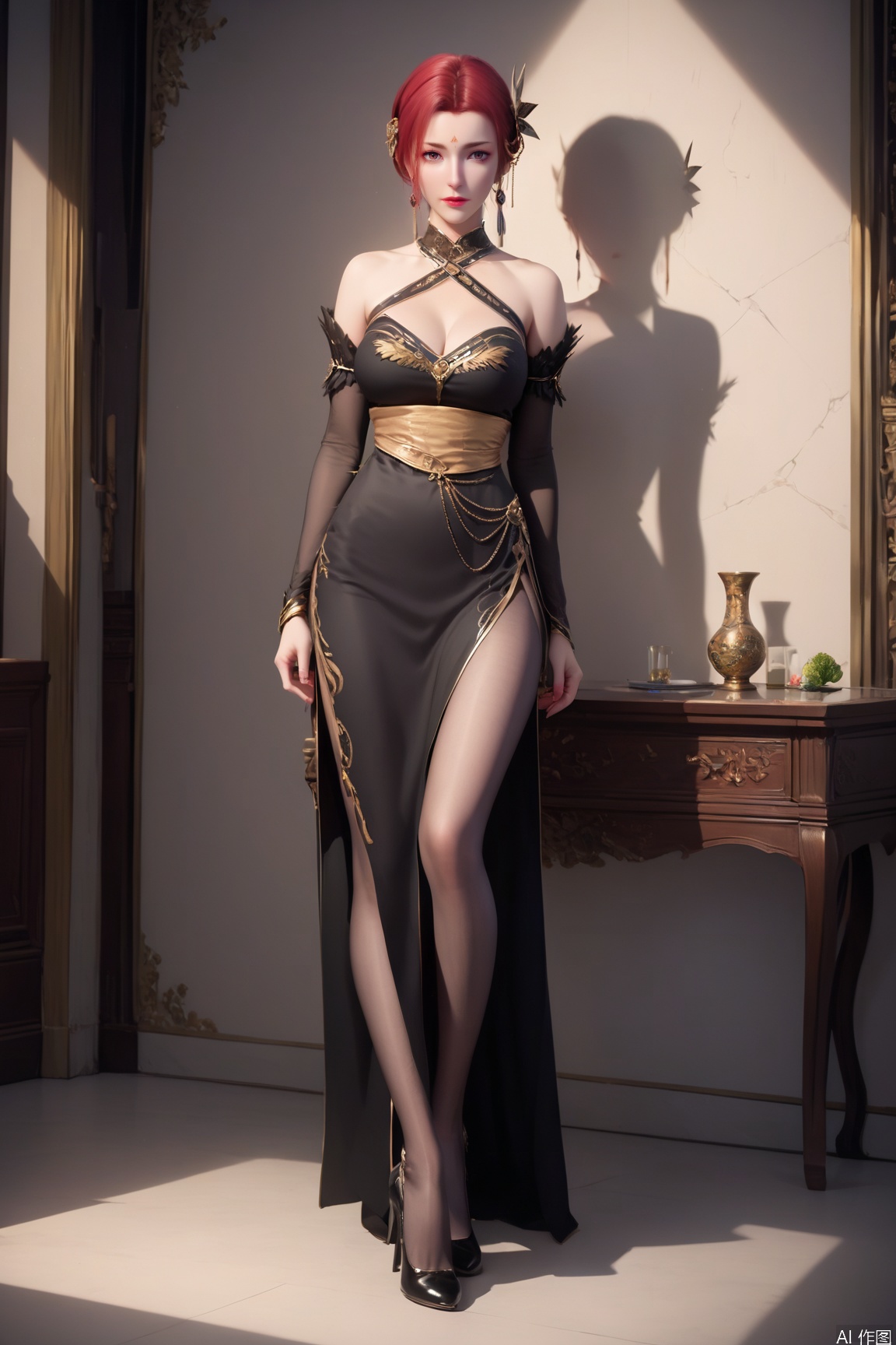 score_9, score_8_up, score_7_up,highly detailed digital,CG,
1girl, solo, breasts, looking at viewer, hair ornament, dress, cleavage, bare shoulders, jewelry, standing, full body, pantyhose, red hair, detached sleeves, indoors, black footwear, black dress, high heels, shadow, halterneck, side slit, halter dress