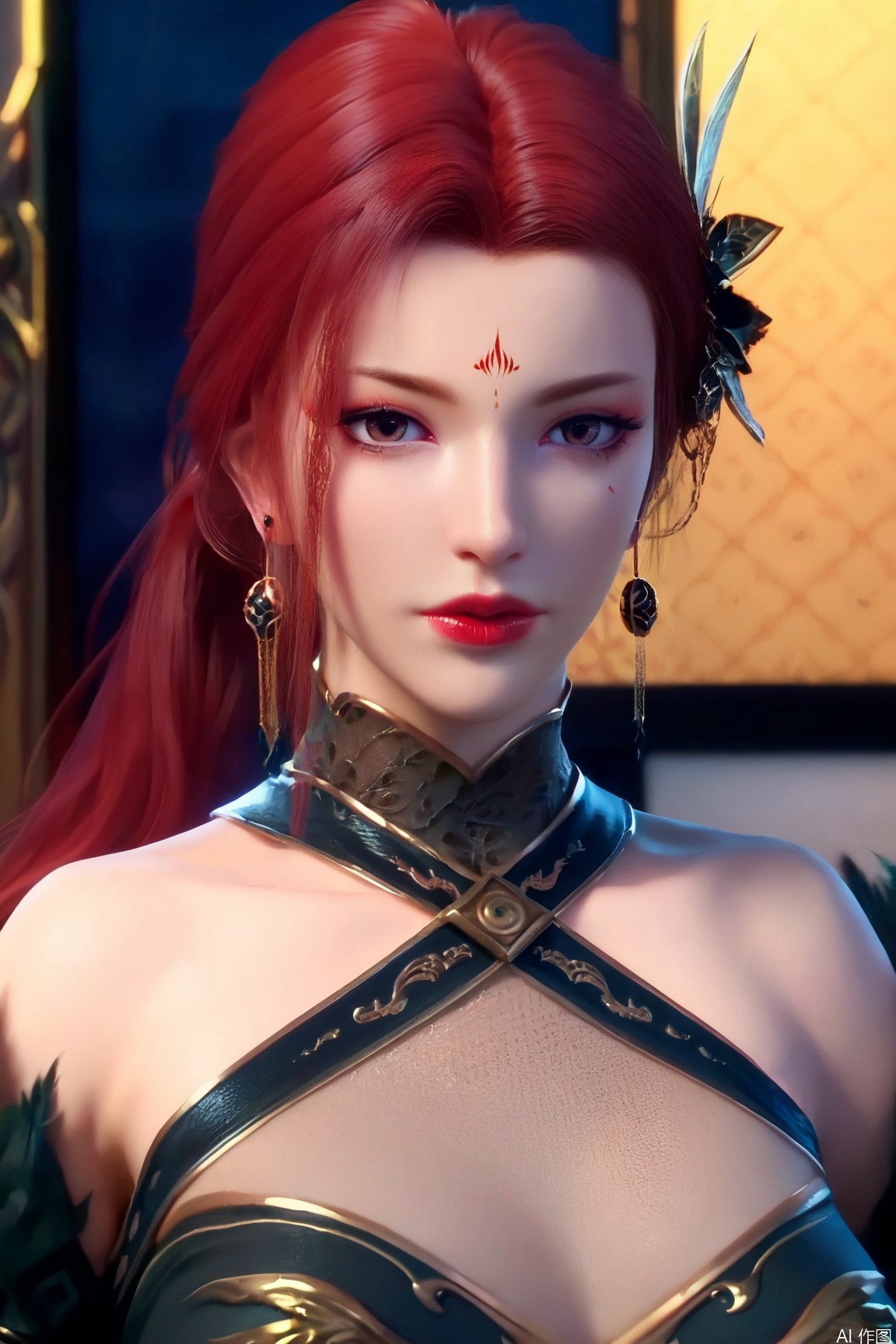 score_9, score_8_up, score_7_up,highly detailed digital,CG,
1girl, solo, long hair, breasts, looking at viewer, hair ornament, dress, bare shoulders, jewelry, upper body, ponytail, red hair, earrings, lips, makeup, facial mark, forehead mark, red lips