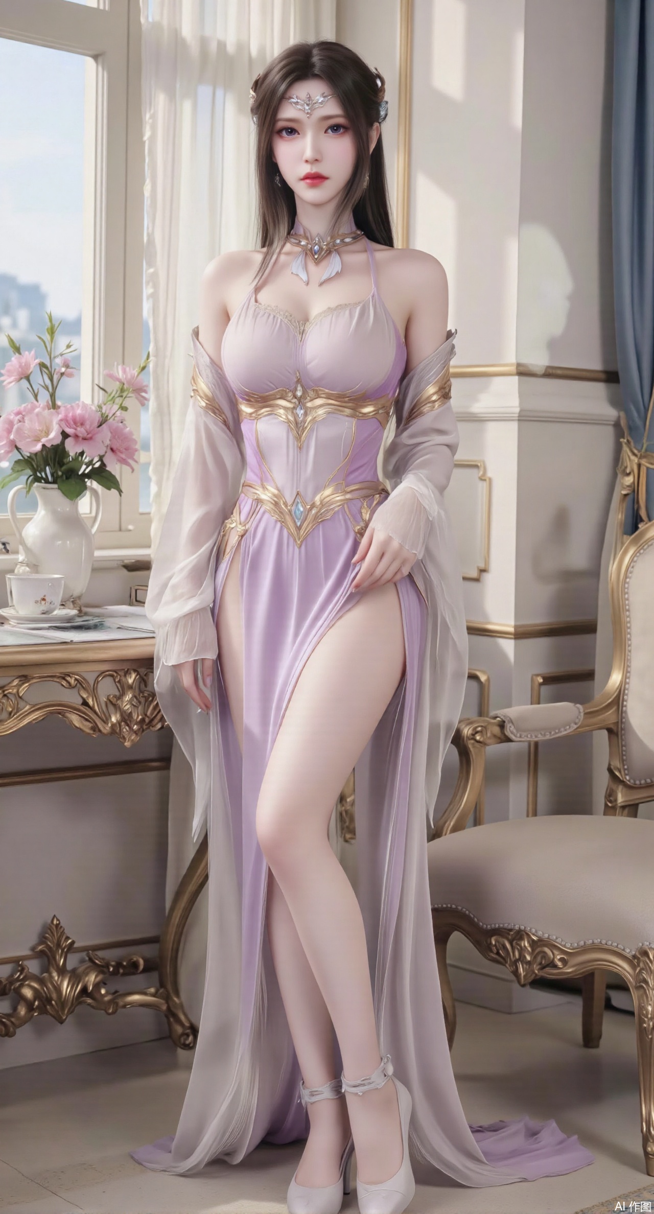 Ultra clear, wallpaper, 8k, masterpiece, 1girl, solo, long hair, breasts, looking at viewer, bangs, large breasts,long dress,, bare shoulders, jewelry, black hair, standing, purple eyes, full body, flower, thighs, indoors, hair bun, long dress, high heels, cup, see-through, book, bare legs, window, table, white footwear, standing on one leg, curtains, pink flower, side slit, vase, ,(huge breasts:2.99),(full breasts:2.99),phone screen,XanmiaoyiY,XhuolingerHHY,XwangqiuerKQW,Xxuenv,Xnanqiuqiu,Xhuangnv,XchuxuanerX,XchuxuanerXY,Xjuzi,XyunyunX,XqingnvzongZM,XanmiaoyiXY,Xqianrenxue