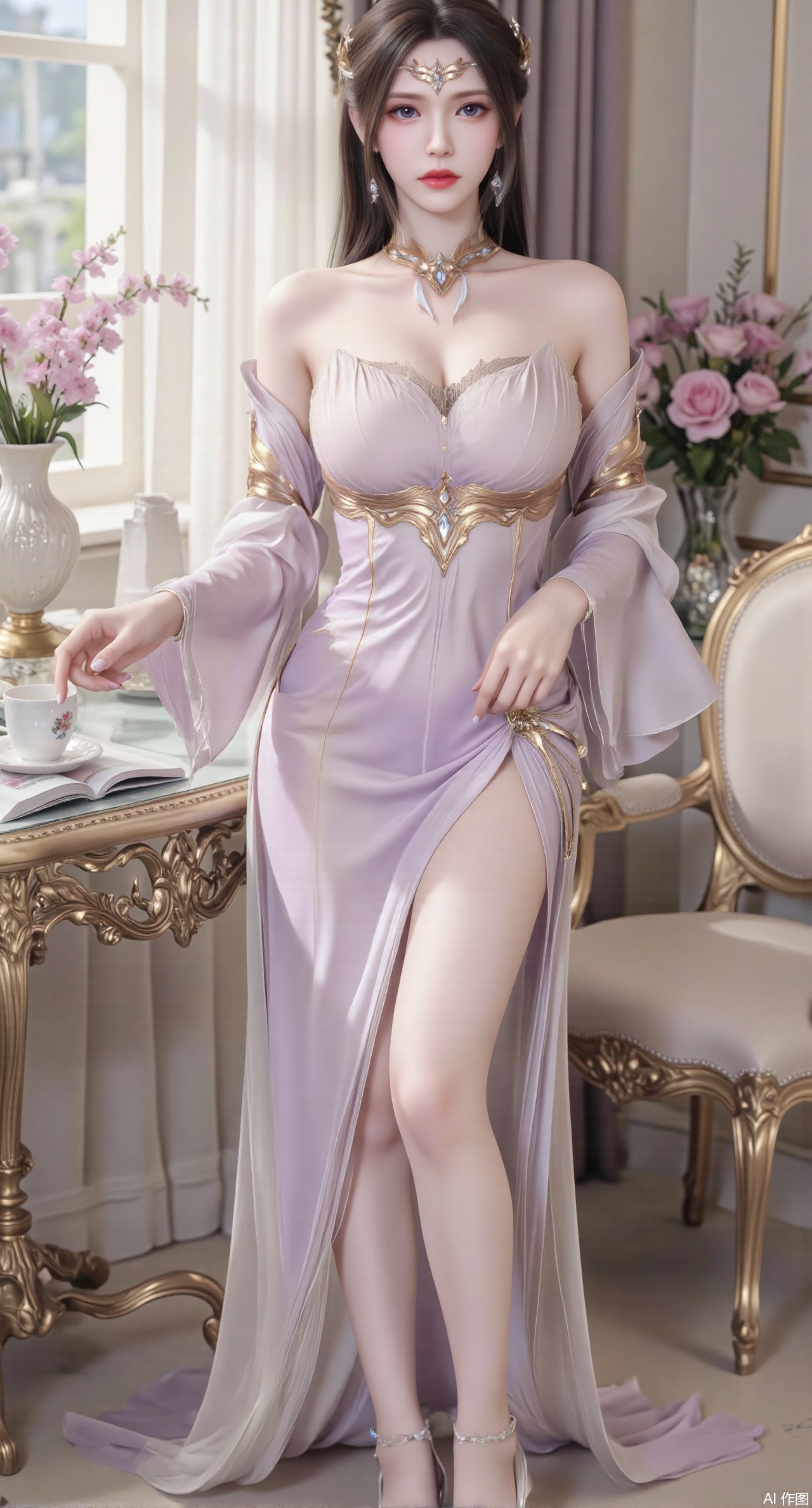 Ultra clear, wallpaper, 8k, masterpiece, 1girl, solo, long hair, breasts, looking at viewer, bangs, large breasts,long dress,, bare shoulders, jewelry, black hair, standing, purple eyes, full body, flower, thighs, indoors, hair bun, long dress, high heels, cup, see-through, book, bare legs, window, table, white footwear, standing on one leg, curtains, pink flower, side slit, vase, ,(huge breasts:2.99),(full breasts:2.99),phone screen,XanmiaoyiY,XhuolingerHHY,XwangqiuerKQW,Xxuenv,Xnanqiuqiu,Xhuangnv,XchuxuanerX,XchuxuanerXY,Xjuzi,XyunyunX,XqingnvzongZM,XanmiaoyiXY,Xqianrenxue