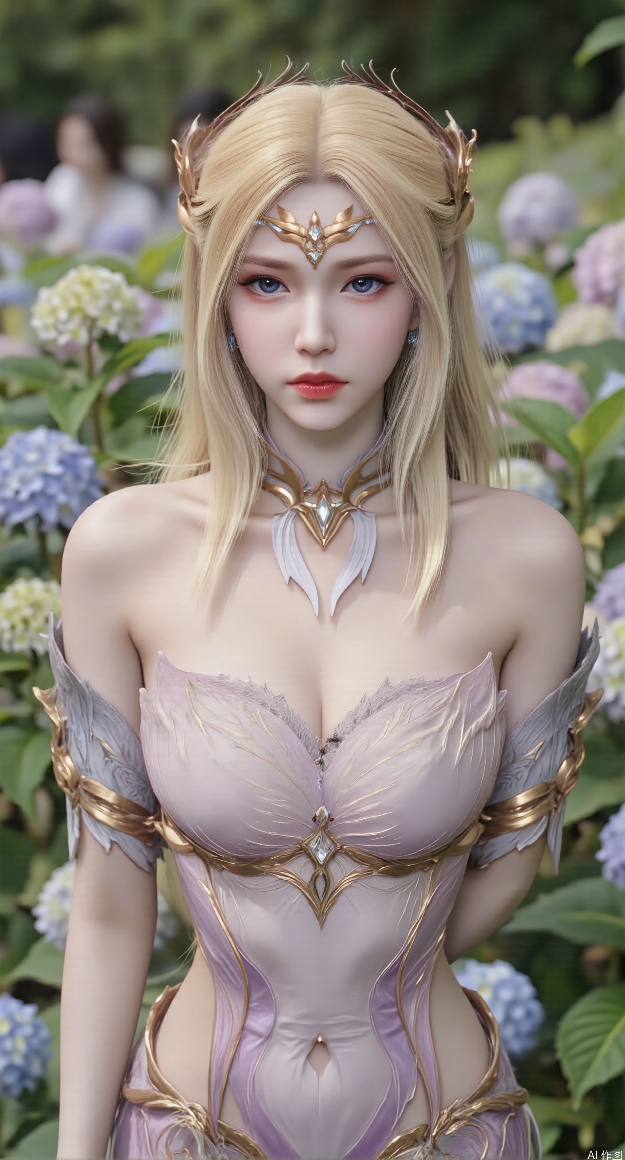  SFW,(masterpiece:1.2),best quality,absurdres,masterpiece,original,extremely detailed wallpaper,perfect lighting,1girl,solo,looking at viewer,(cowboy_shot:1.3),long hair,high heels,blurry background,depth of field,motion blur,(long dress:1.23),china_dress,chinese_style,bare shouders,crystal_earrings,headpiece,hair_tie,chest_jewel,gem,necklace,jewelry,in summer,day,outdoors,nature,garden,,(standing,Hydrangea, Hydrangea Field:1.59),(huge breasts:2.99),(full breasts:2.99),Xzhihua,Xsiyouyou,Xyanruyu,Xmoxiaonan,Xyeqingxian,Xyunwangshu,XlishaoyinY,Xxiaowu,Xyusanniang,XhuolingerHHY,Xwangqiuer,Xxuenv