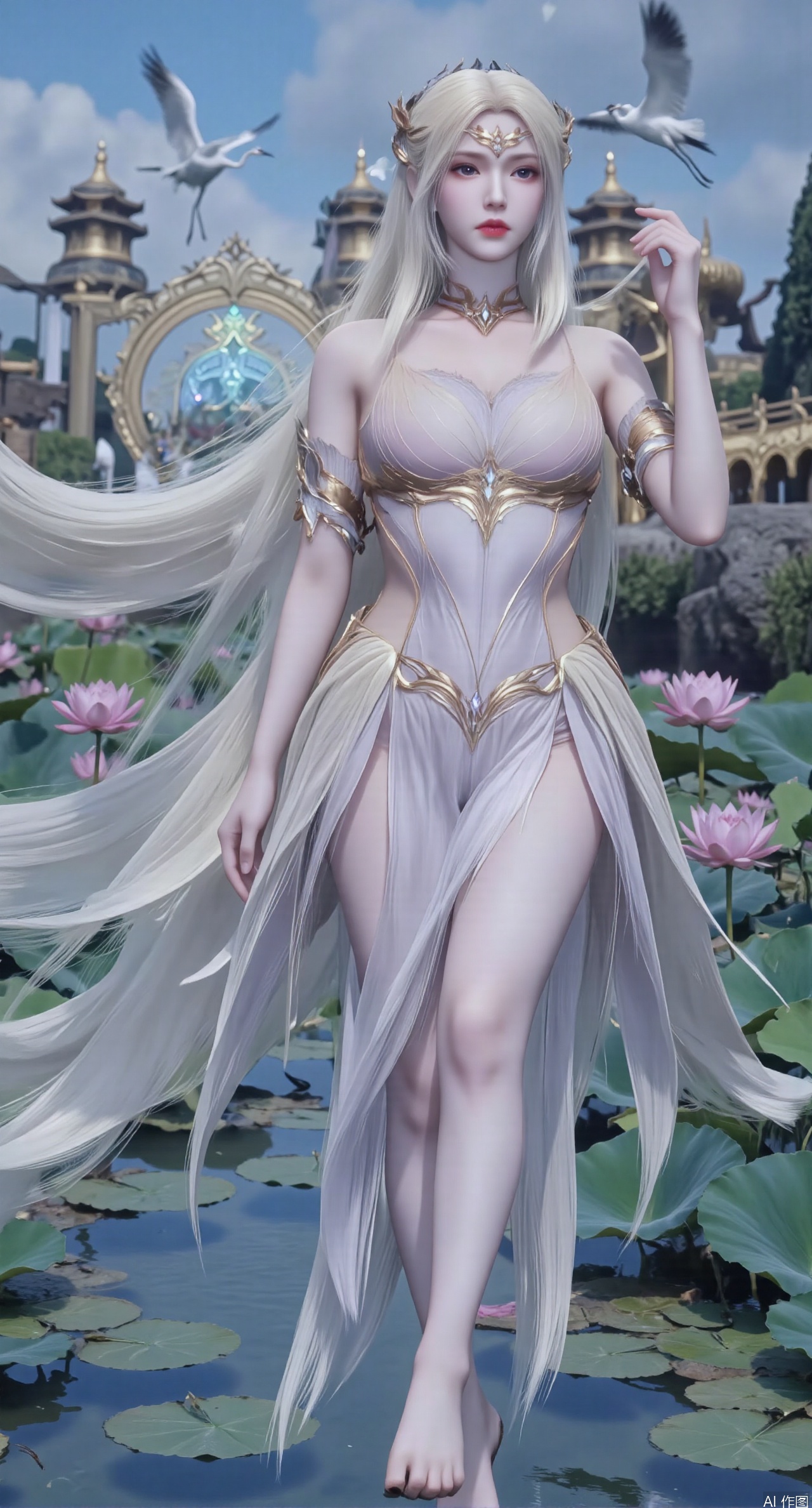  SFW,(masterpiece:1.2),best quality,1girl,solo,long hair,long dress,celestial maiden in flowing tulle gown levitates above lotus pond, ethereal mist trails from hair ribbons, mythical Penglai paradise emerges through clouds with glowing pavilions, translucent bioluminescent lotus blooms, flock of cranes gliding over water surface, ultra HD with soft 3D rendering, morning light filters through mist, falling petal rain, intricate details on scale-patterned fabric and lotus veins.(huge breasts:2.99),(full breasts:2.99),Xzhihua,Xsiyouyou,Xyanruyu,Xmoxiaonan,Xyeqingxian,Xyunwangshu,XlishaoyinY,Xxiaowu,Xyusanniang,XhuolingerHHY,Xwangqiuer,Xxuenv,XfuquY