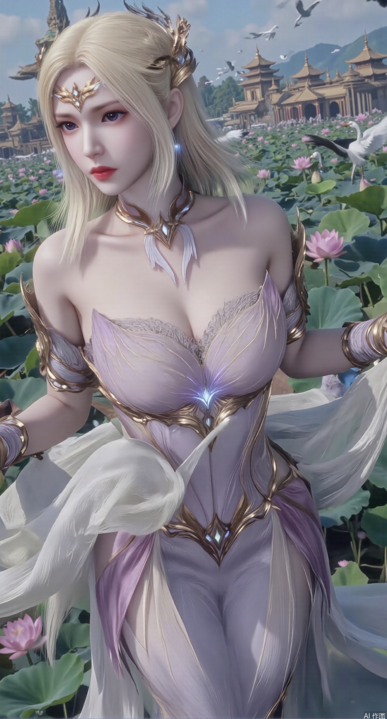  SFW,(masterpiece:1.2),best quality,1girl,solo,long hair,long dress,celestial maiden in flowing tulle gown levitates above lotus pond, ethereal mist trails from hair ribbons, mythical Penglai paradise emerges through clouds with glowing pavilions, translucent bioluminescent lotus blooms, flock of cranes gliding over water surface, ultra HD with soft 3D rendering, morning light filters through mist, falling petal rain, intricate details on scale-patterned fabric and lotus veins.(huge breasts:2.99),(full breasts:2.99),Xzhihua,Xsiyouyou,Xyanruyu,Xmoxiaonan,Xyeqingxian,Xyunwangshu,XlishaoyinY,Xxiaowu,Xyusanniang,XhuolingerHHY,Xwangqiuer,Xxuenv,XfuquY