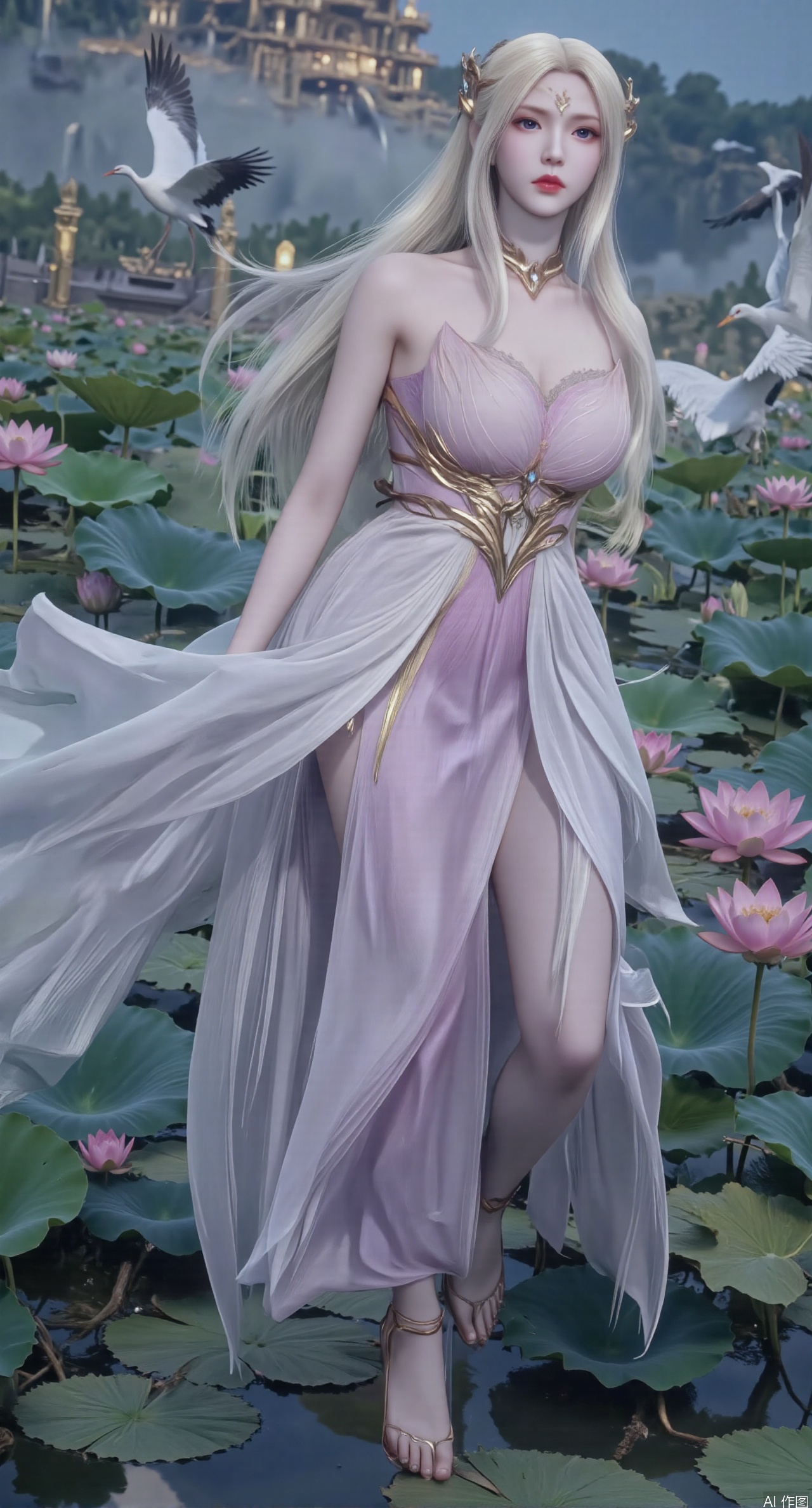  SFW,(masterpiece:1.2),best quality,1girl,solo,long hair,long dress,celestial maiden in flowing tulle gown levitates above lotus pond, ethereal mist trails from hair ribbons, mythical Penglai paradise emerges through clouds with glowing pavilions, translucent bioluminescent lotus blooms, flock of cranes gliding over water surface, ultra HD with soft 3D rendering, morning light filters through mist, falling petal rain, intricate details on scale-patterned fabric and lotus veins.(huge breasts:2.99),(full breasts:2.99),Xzhihua,Xsiyouyou,Xyanruyu,Xmoxiaonan,Xyeqingxian,Xyunwangshu,XlishaoyinY,Xxiaowu,Xyusanniang,XhuolingerHHY,Xwangqiuer,Xxuenv,XfuquY