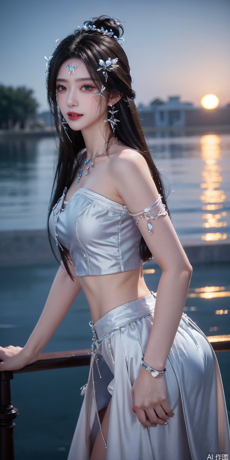best quality, masterpiece, realistic,cowboy_shot,(Good structure), DSLR Quality,Depth of field,kind smile,looking_at_viewer,Dynamic pose, 
1girl, solo, long hair, , looking at viewer, skirt, hair ornament, bare shoulders, jewelry, , black hair, earrings, outdoors, midriff, water, necklace, lips, crop top, grey eyes, leaning forward, ocean, white skirt, strapless vest, sunset, sun,