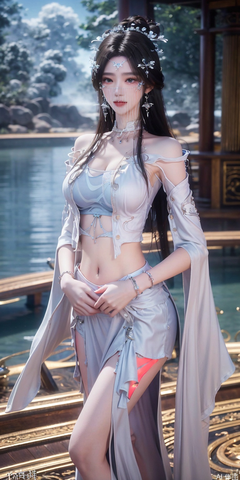 best quality, masterpiece, realistic,cowboy_shot,(Good structure), DSLR Quality,Depth of field,kind smile,looking_at_viewer,Dynamic pose, 
,Short skirt,Blue sky, white clouds, ocean, nai3, 1girl, solo, crop top, , choker, navel, shirt, midriff, crop top overhang, looking at viewer, white shirt, jewelry, breasts, bare shoulders, off-shoulder shirt, off shoulder, black choker, thighs, stomach, long hair, bracelet, short sleeves, ribbon, hand up, collarbone, hair ribbon, medium breasts, , bra strap, , hair ornament, thigh gap, necklace, expressionless,anmiaoyi