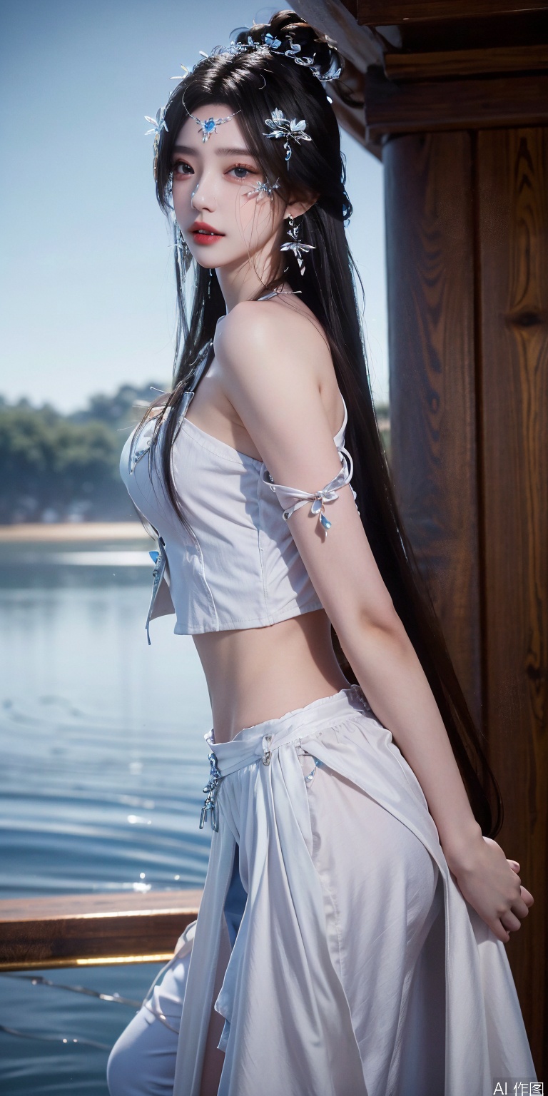 best quality, masterpiece, realistic,cowboy_shot,(Good structure), DSLR Quality,Depth of field, ,looking_at_viewer,Dynamic pose, 
1girl, solo, long hair, , looking at viewer, skirt, hair ornament, bare shoulders, jewelry, , black hair, earrings, outdoors, midriff, water, necklace, lips, crop top, grey eyes, leaning forward, ocean, white skirt, strapless vest, sunset, sun, 