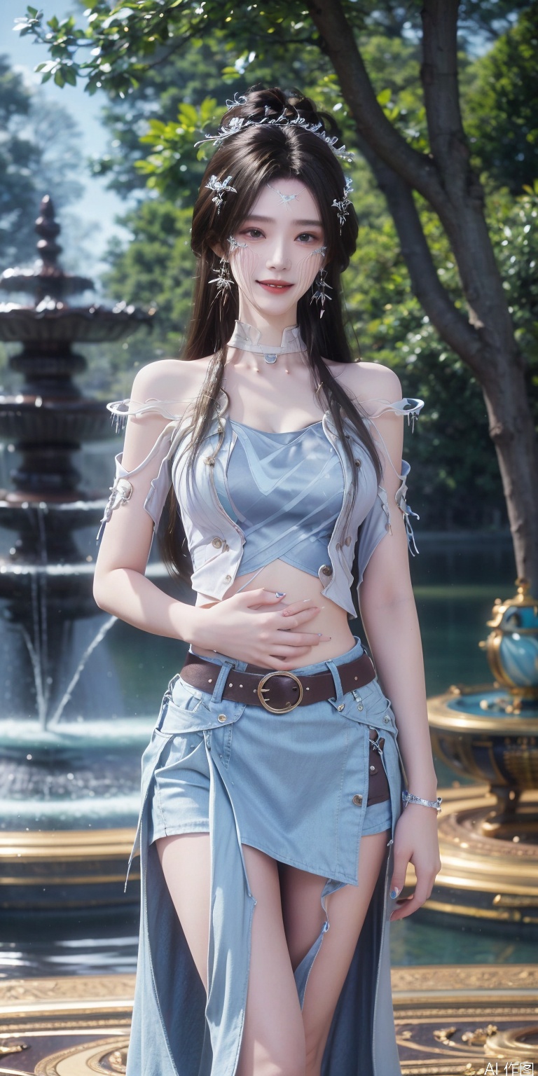  1girl,kind smile, bare_shoulders, belt, blurry, blurry_background, blurry_foreground, branch,  , , collarbone, cosplay_photo, denim, denim_skirt, depth_of_field, hand_on_own_chest, lips, , looking_at_viewer, midriff, miniskirt, motion_blur, navel, outdoors, photo_\(medium\), realistic, skirt, solo, standing, tree, 